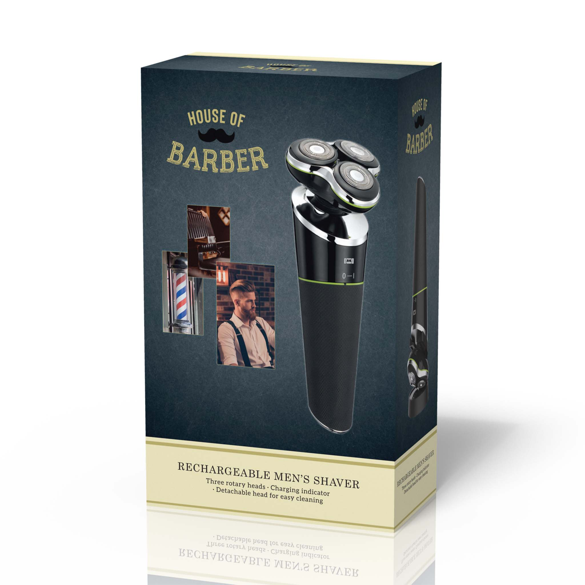 Pudełko z ładowarką do golenia dla mężczyzn. Pudełko pokazuje golarkę, zdjęcia barbera i opisy tekstowe.