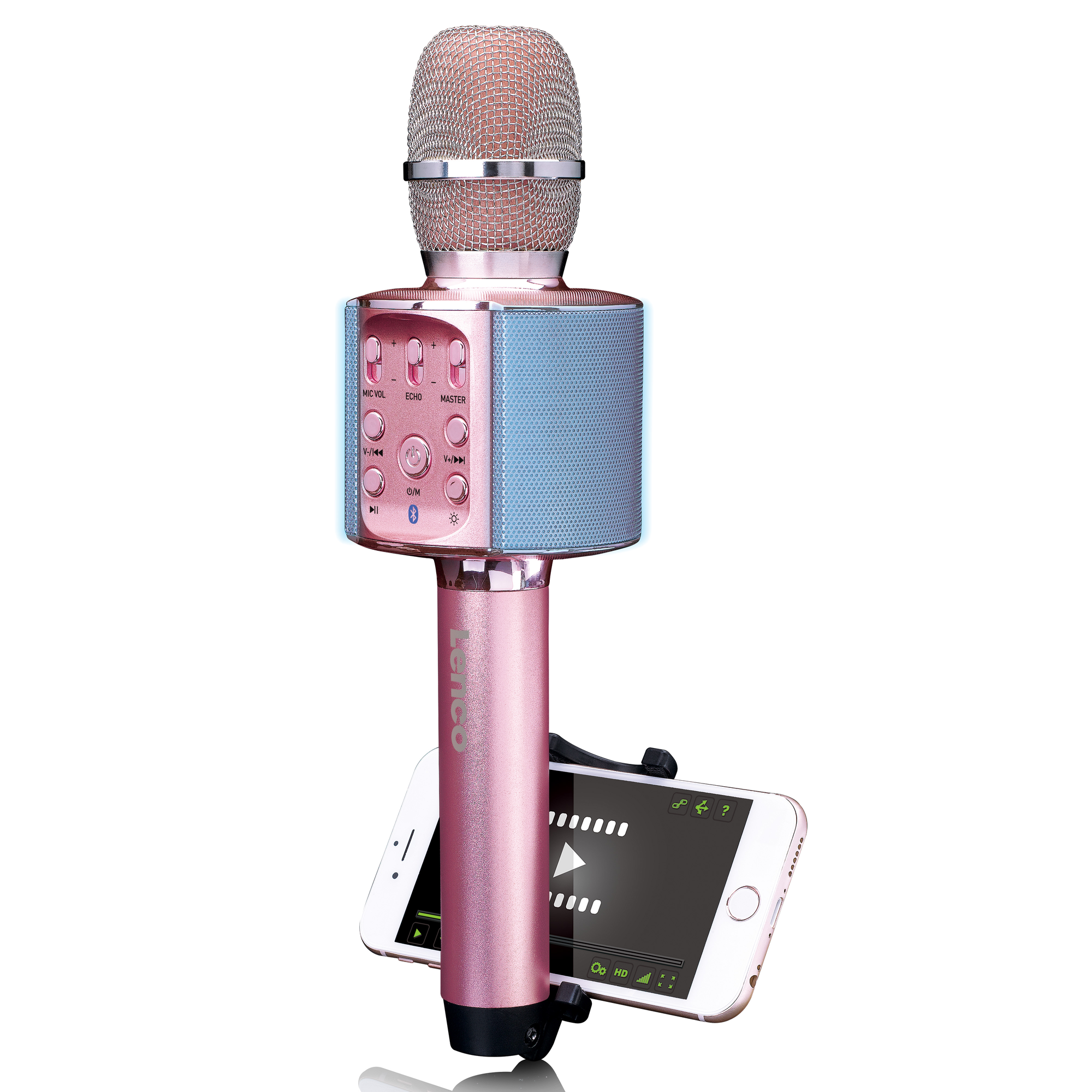 Ein rosa-blaues Karaoke-Mikrofon mit Telefonhalter, das ein Handy mit Videoanzeige hält.