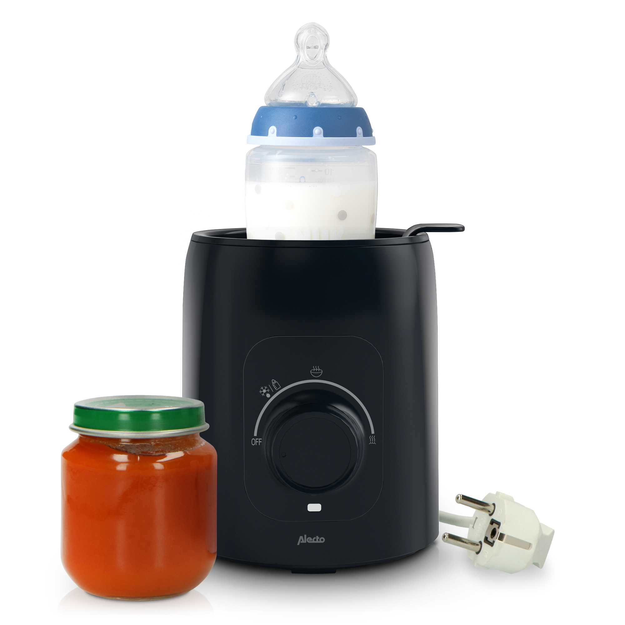 Schwarzer Babyflaschenwärmer mit Flasche, Babynahrung und Stecker.