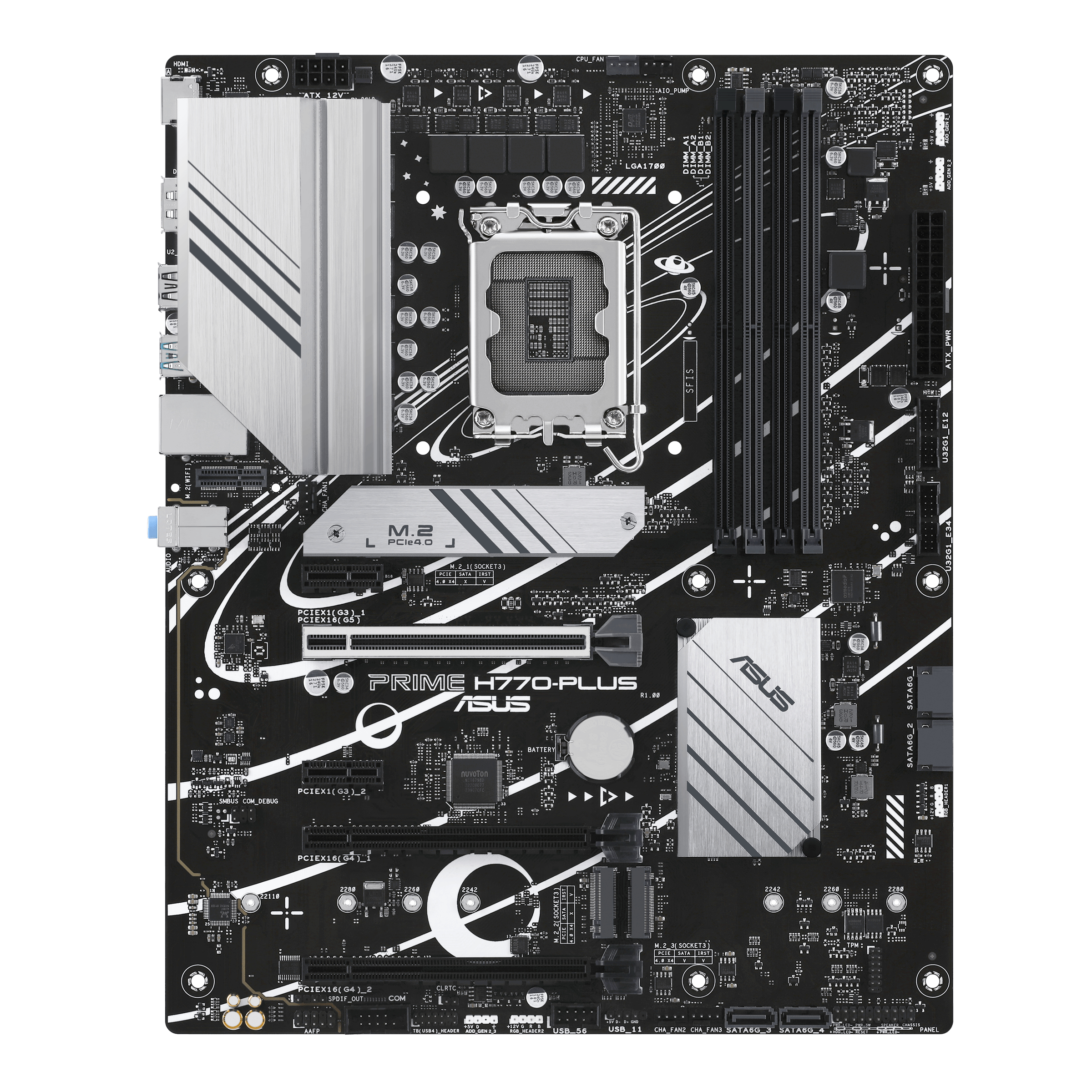 Una scheda madre ASUS PRIME H770-PLUS nera su sfondo bianco.