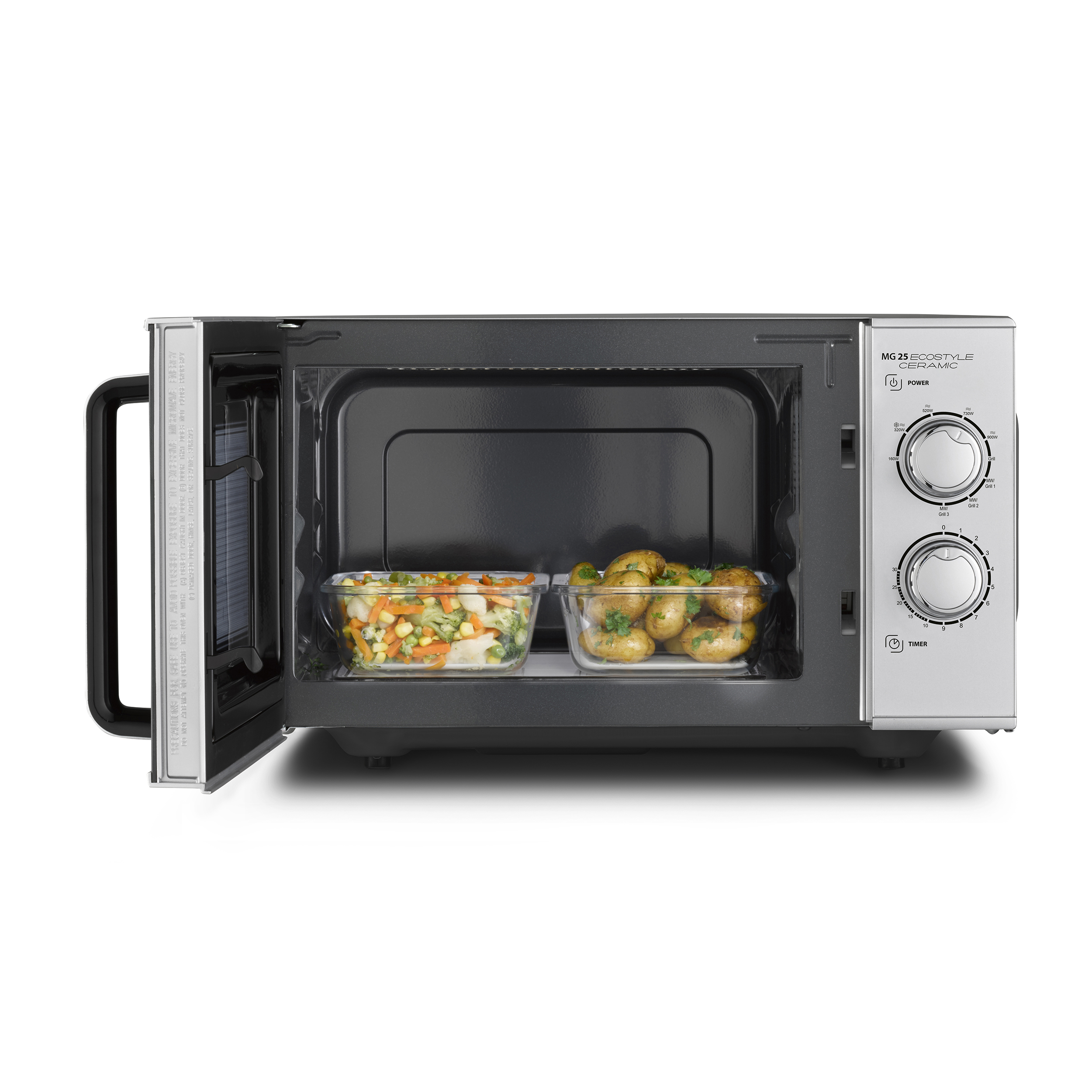 Microonde con la porta aperta, che mostra due piatti di vetro con cibo all'interno.
