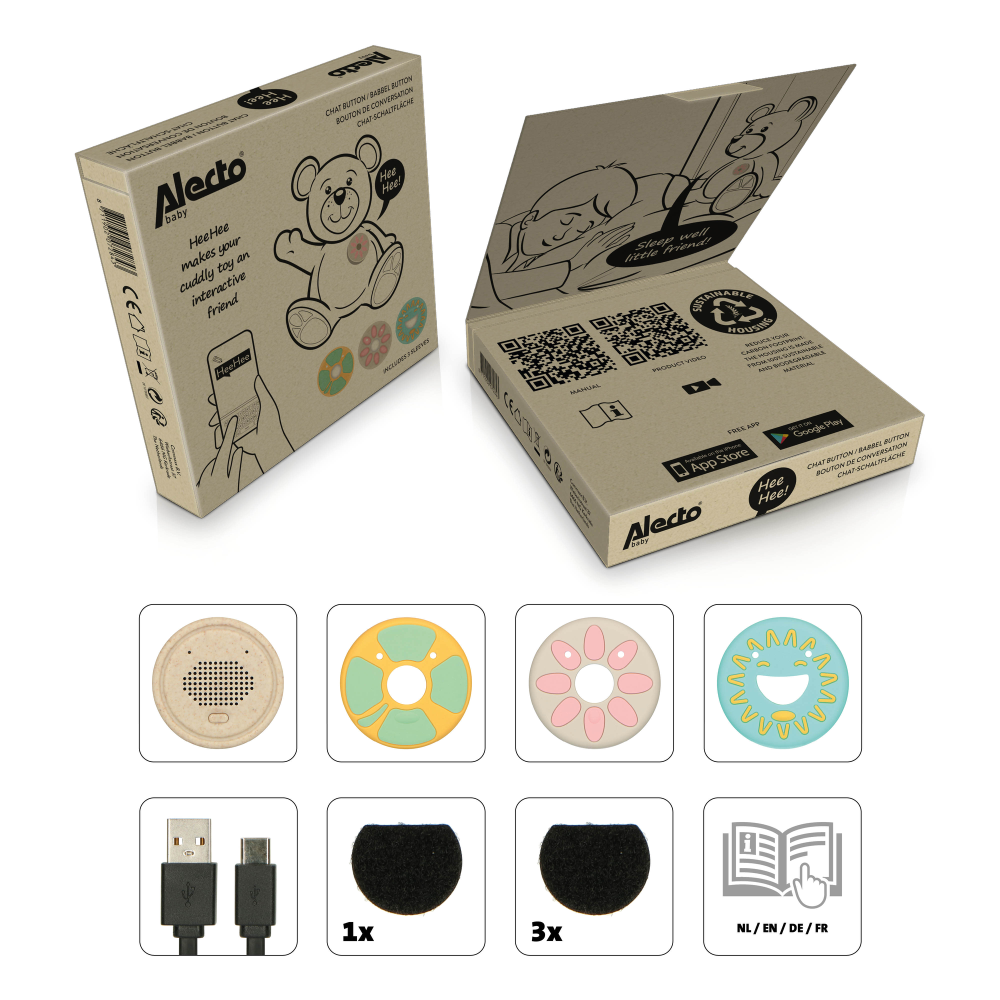 A box with baby products, including a toy, a charger, and other accessories.