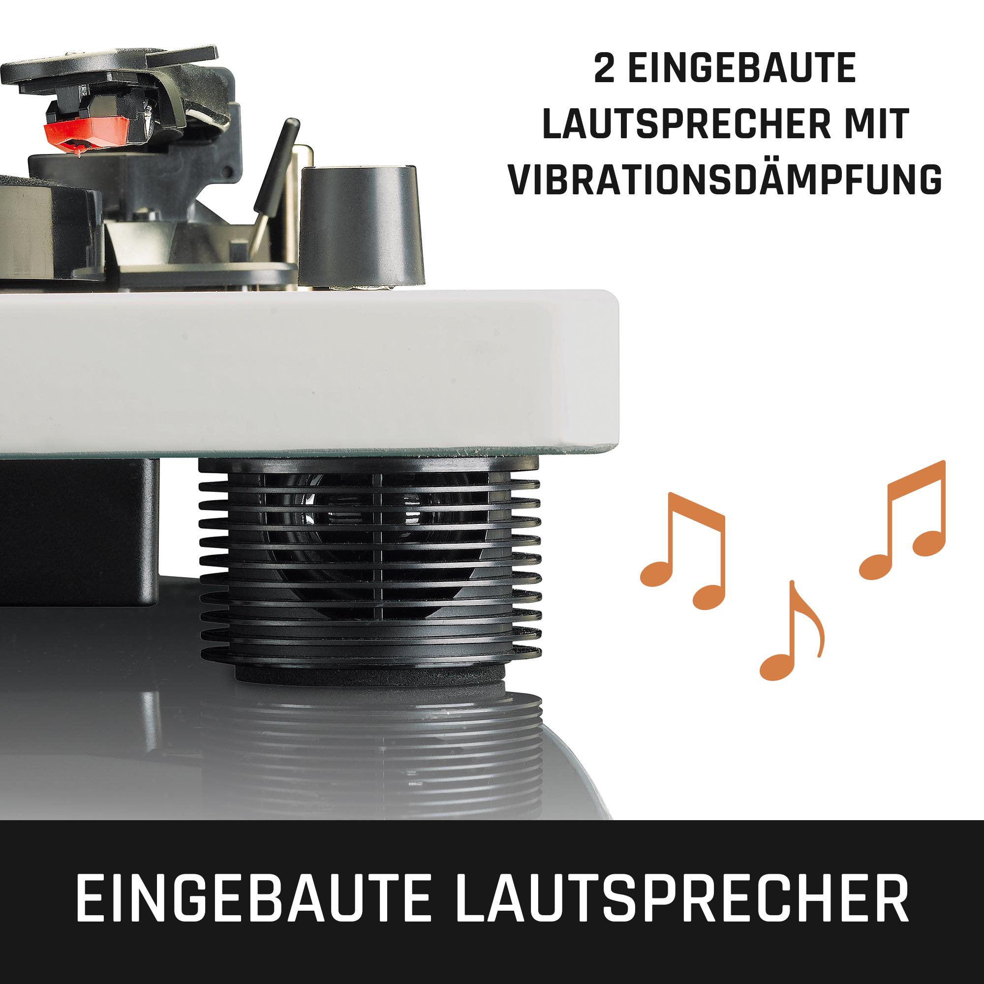 Detail des Plattenspielers, mit Lautsprechern und Noten.
