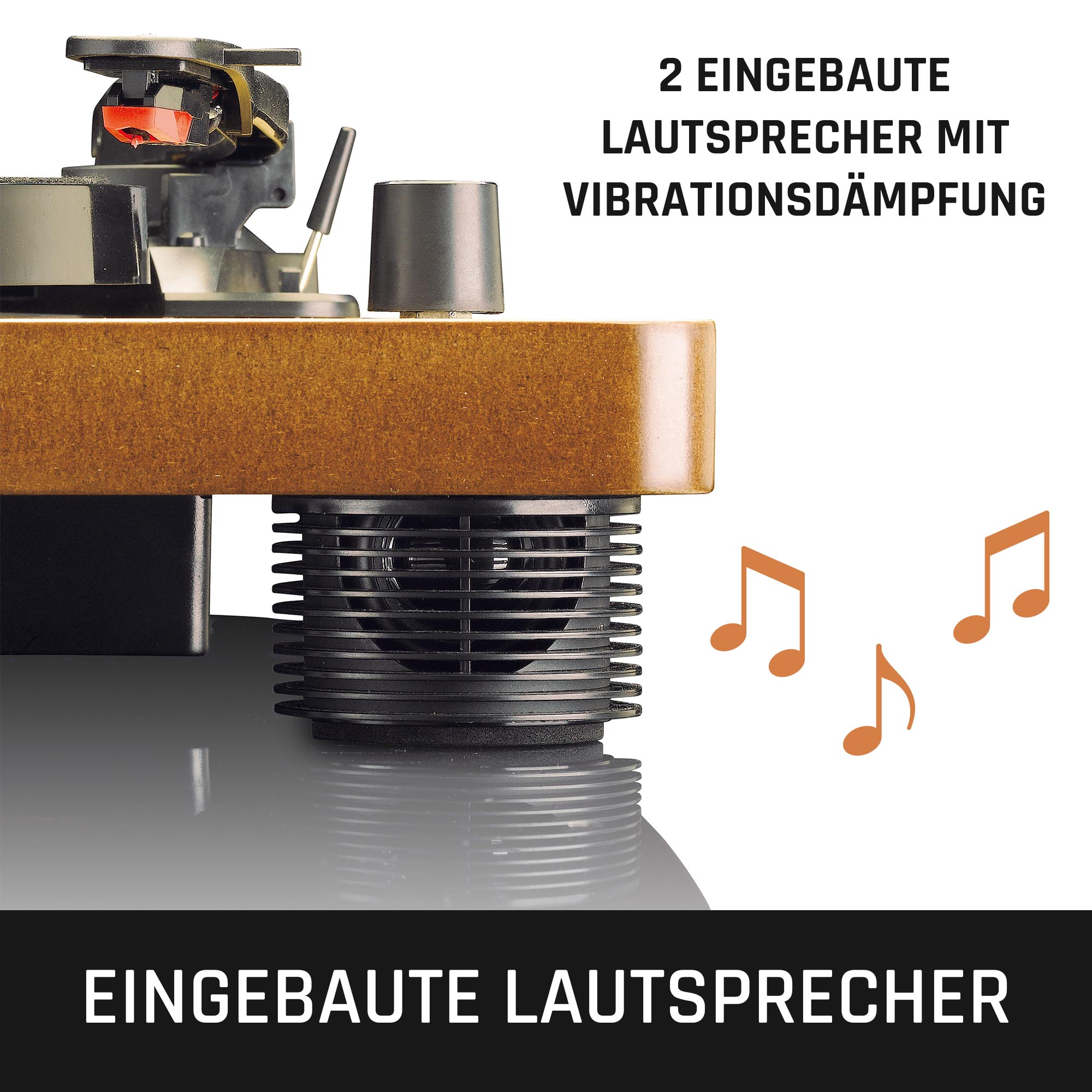 Ein Plattenspieler mit eingebauten Lautsprechern, mit Notensymbolen.
