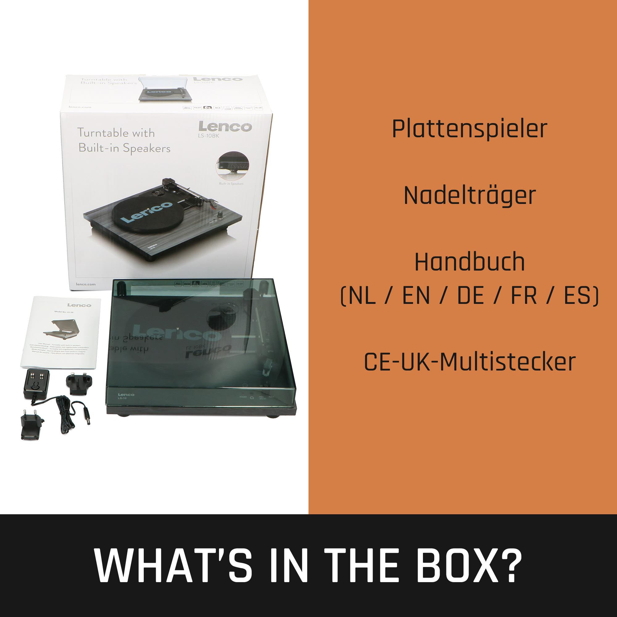 Plattenspieler mit eingebauten Lautsprechern, verpackt mit Zubehör und Text in mehreren Sprachen.
