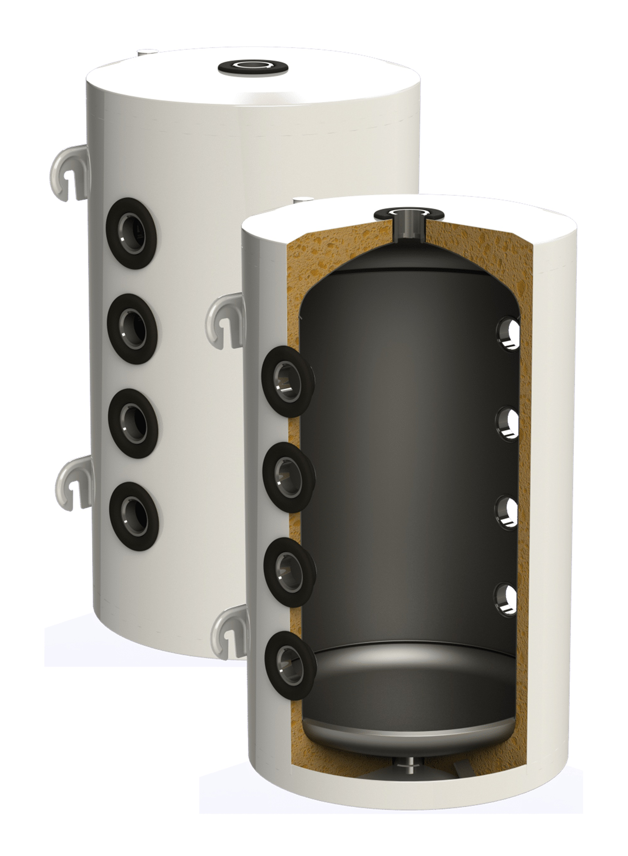 Twee witte boilers met een doorsnede die de interne componenten toont.