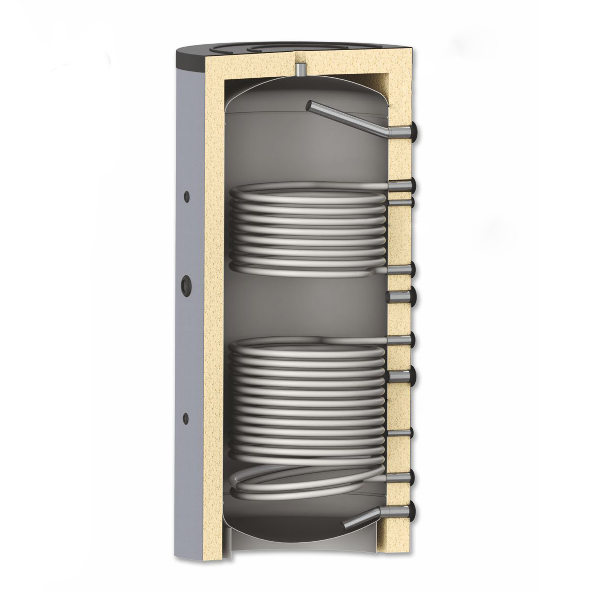 Doorsnede van een grijze boiler met interne spiraalen.