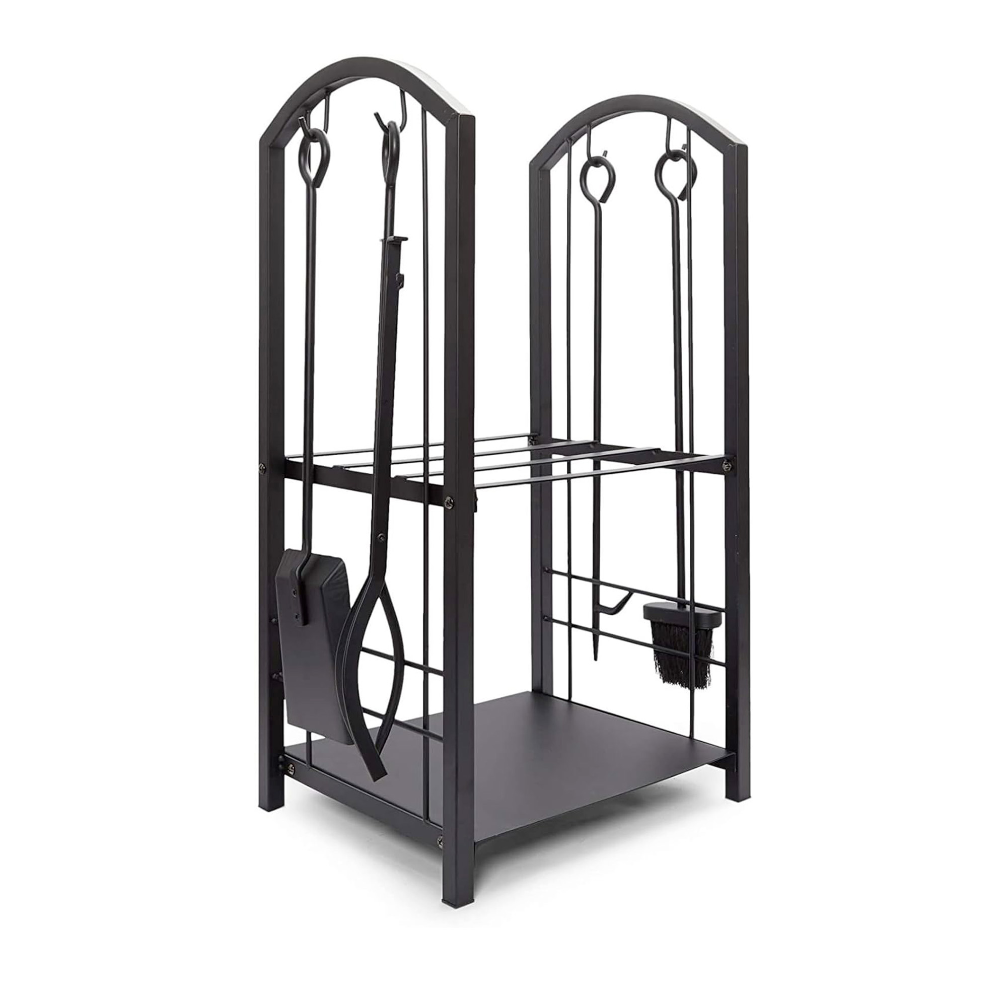 Schwarzes Metall-Holzregal mit Werkzeugen; Schaufel, Schürhaken, Bürste.