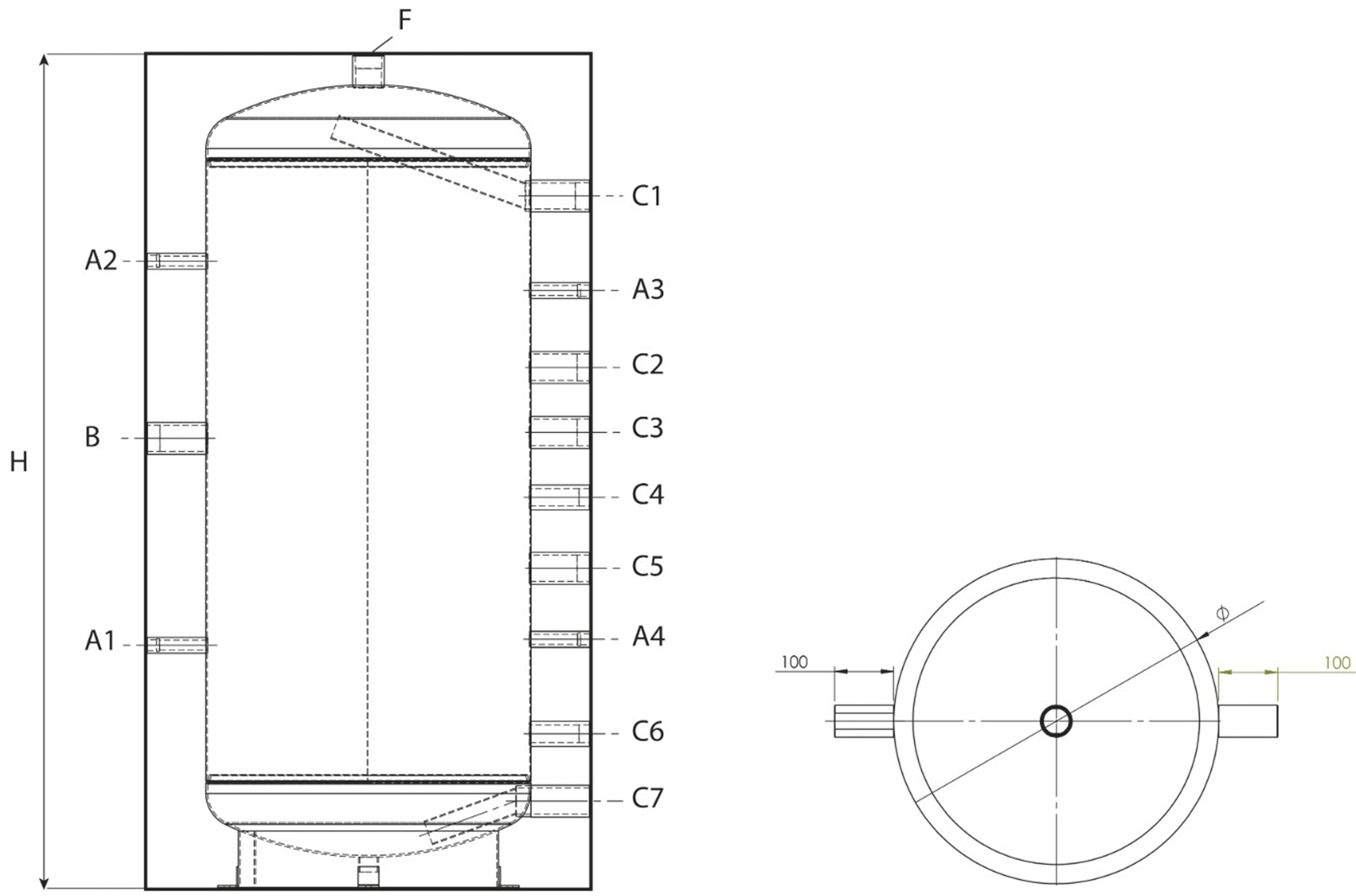 Dibujo técnico de un tanque cilíndrico con varios puntos de conexión y dimensiones etiquetadas.