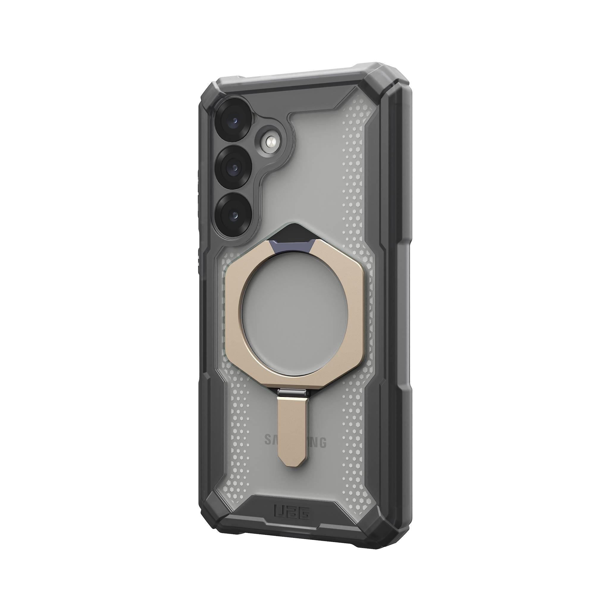 Custodia per telefono nera e grigia con supporto ad anello dorato, su sfondo bianco.