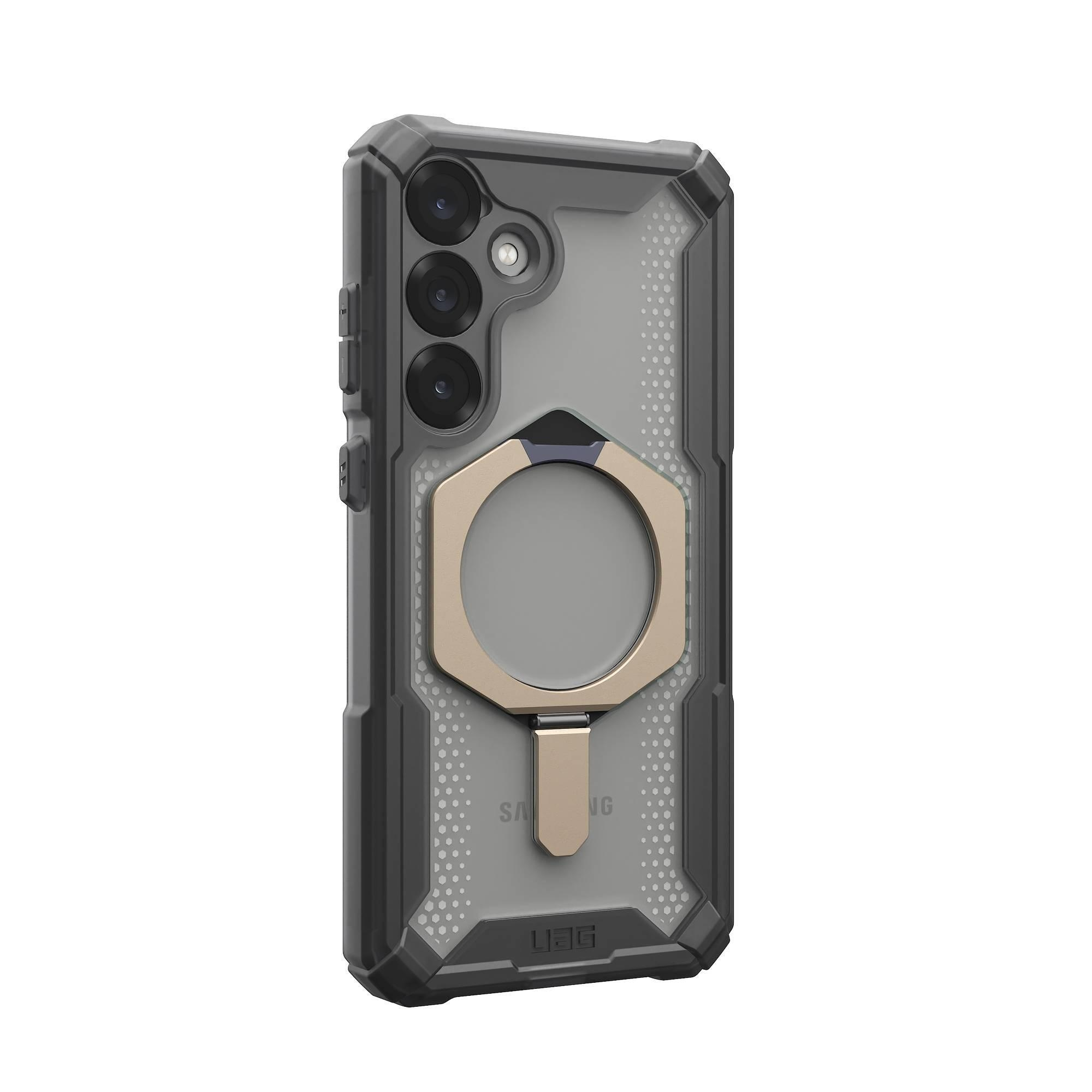 Una custodia per telefono grigia e nera con un porta anello sul retro, su sfondo bianco.
