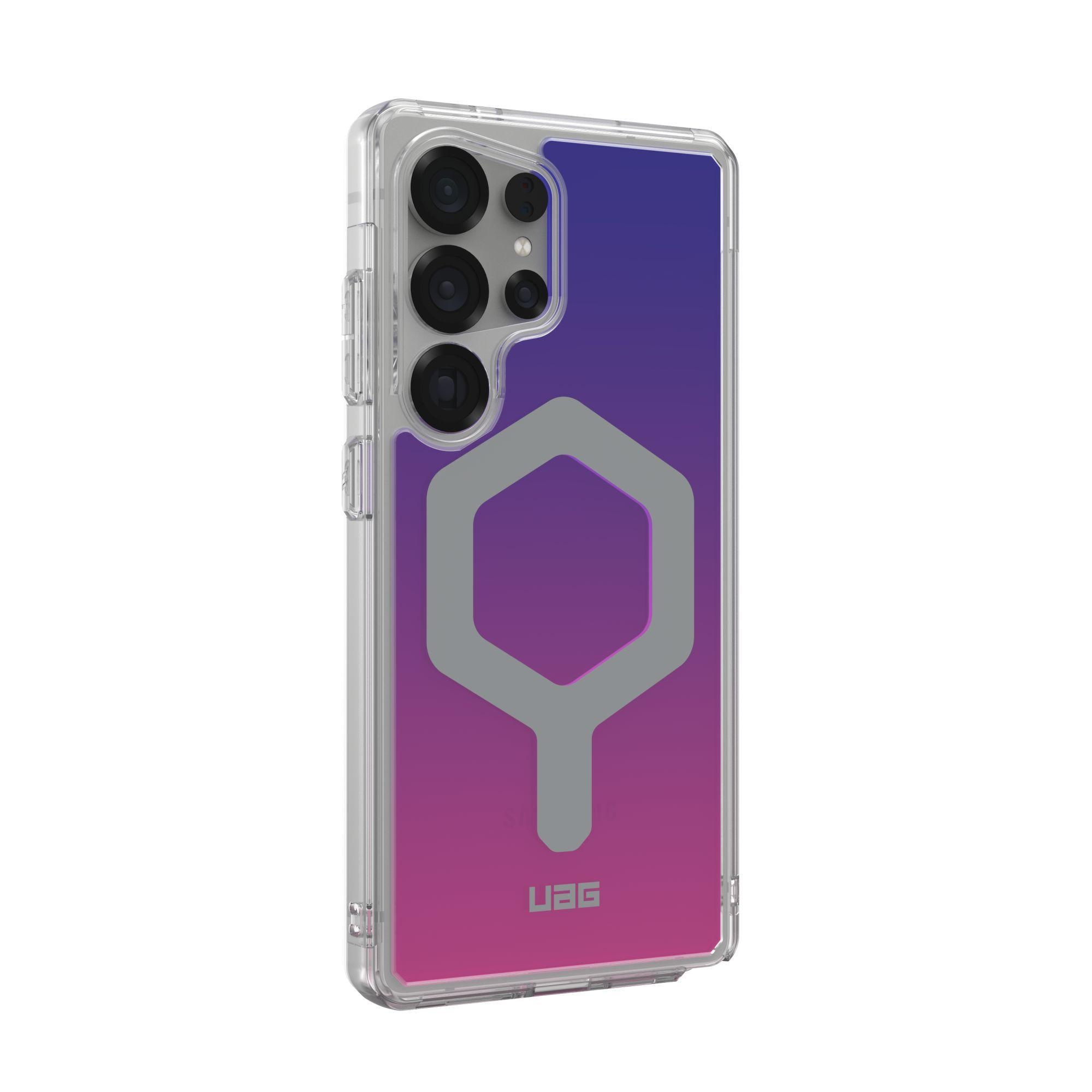 Etui na telefon z fioletowo-niebieskim gradientem. Logo UAG. Szary kształt sześciokąta pośrodku.