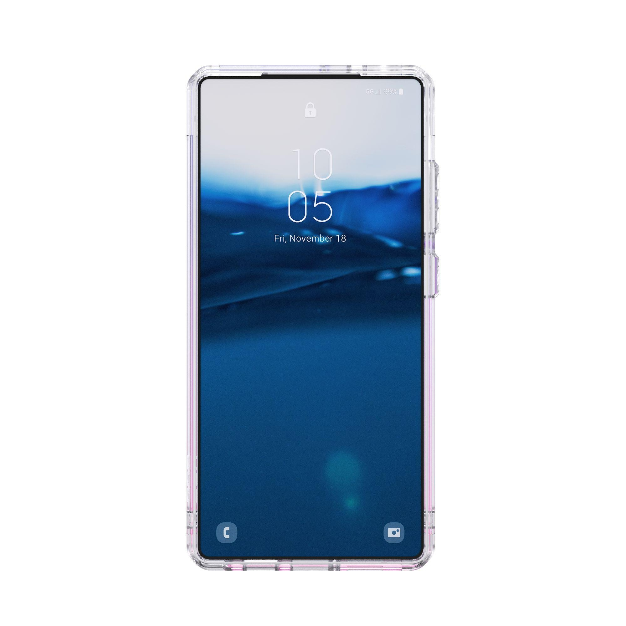 Smartfon z przezroczystym etui, wyświetlający ekran blokady z godziną i datą na niebieskim tle.