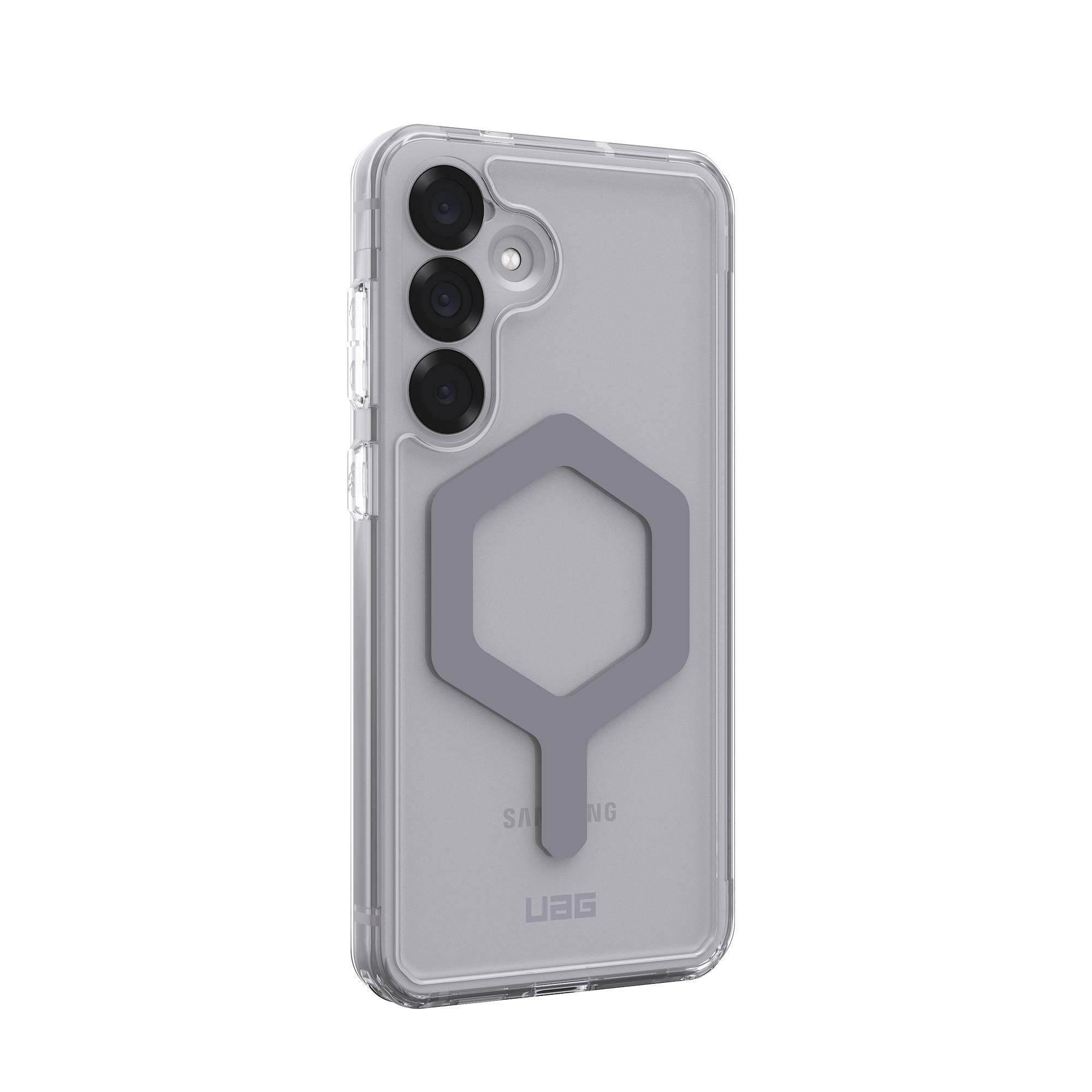 Eine Handyhülle mit einem grauen Ringhalter, montiert auf einem Telefon mit drei Kameras.