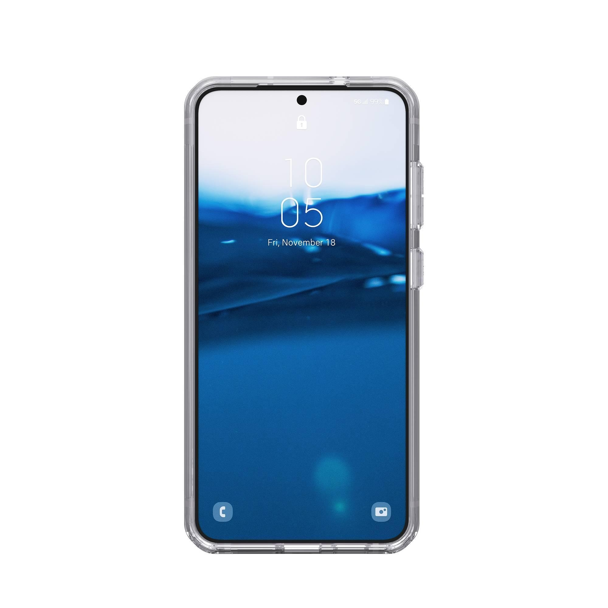 Ein Smartphone in einer transparenten Hülle. Der Bildschirm zeigt Datum und Uhrzeit.