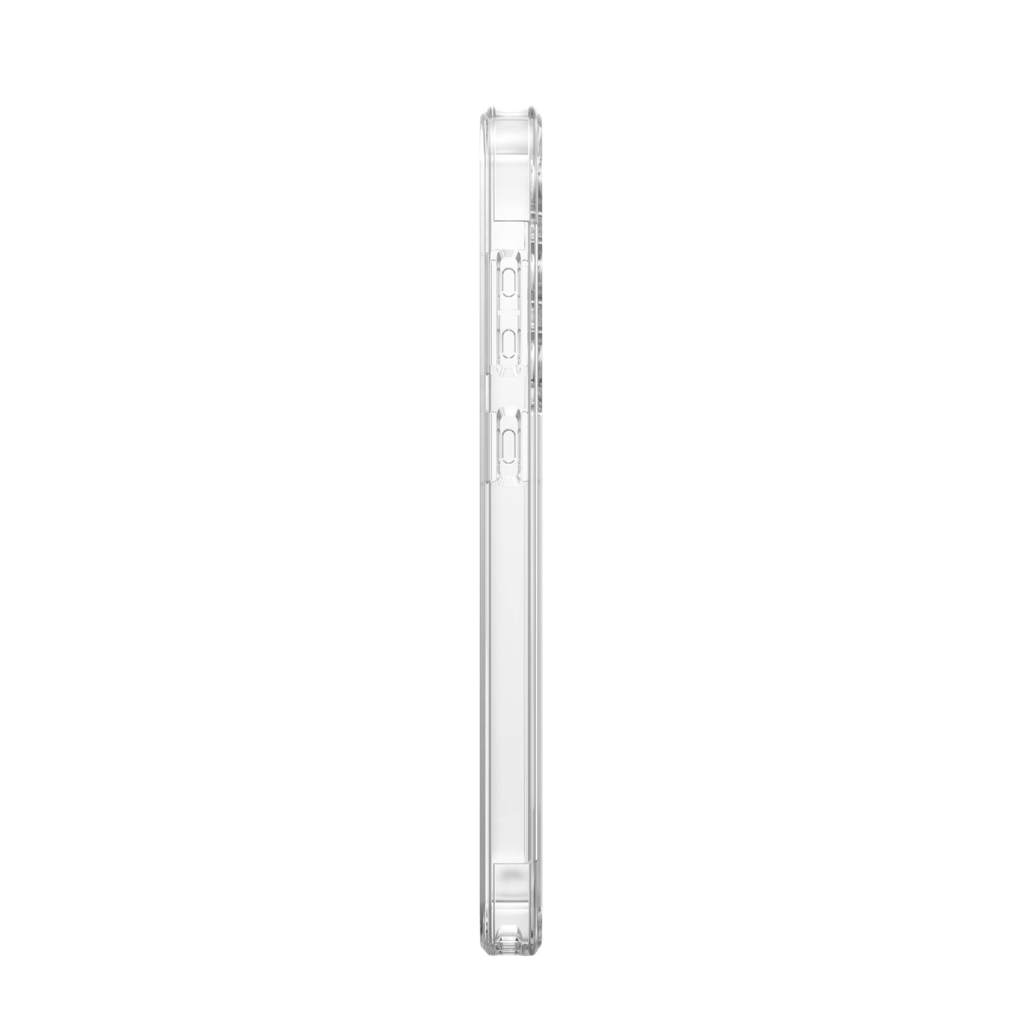 Eine transparente Handyhülle, Seitenansicht. Die Hülle ist transparent, mit Kameraausschnitt und sichtbaren Knöpfen.
