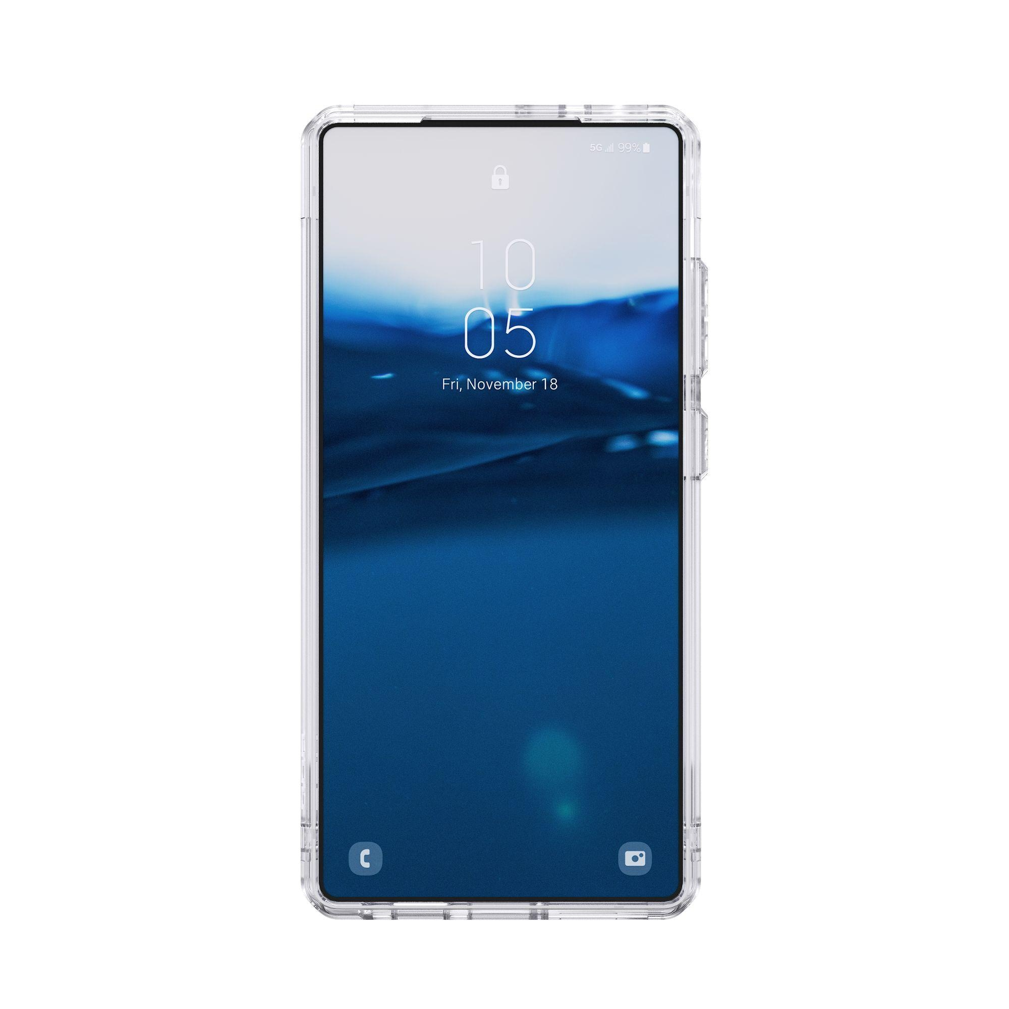 Smartfon w przezroczystym etui wyświetlający ekran główny z datą i godziną.