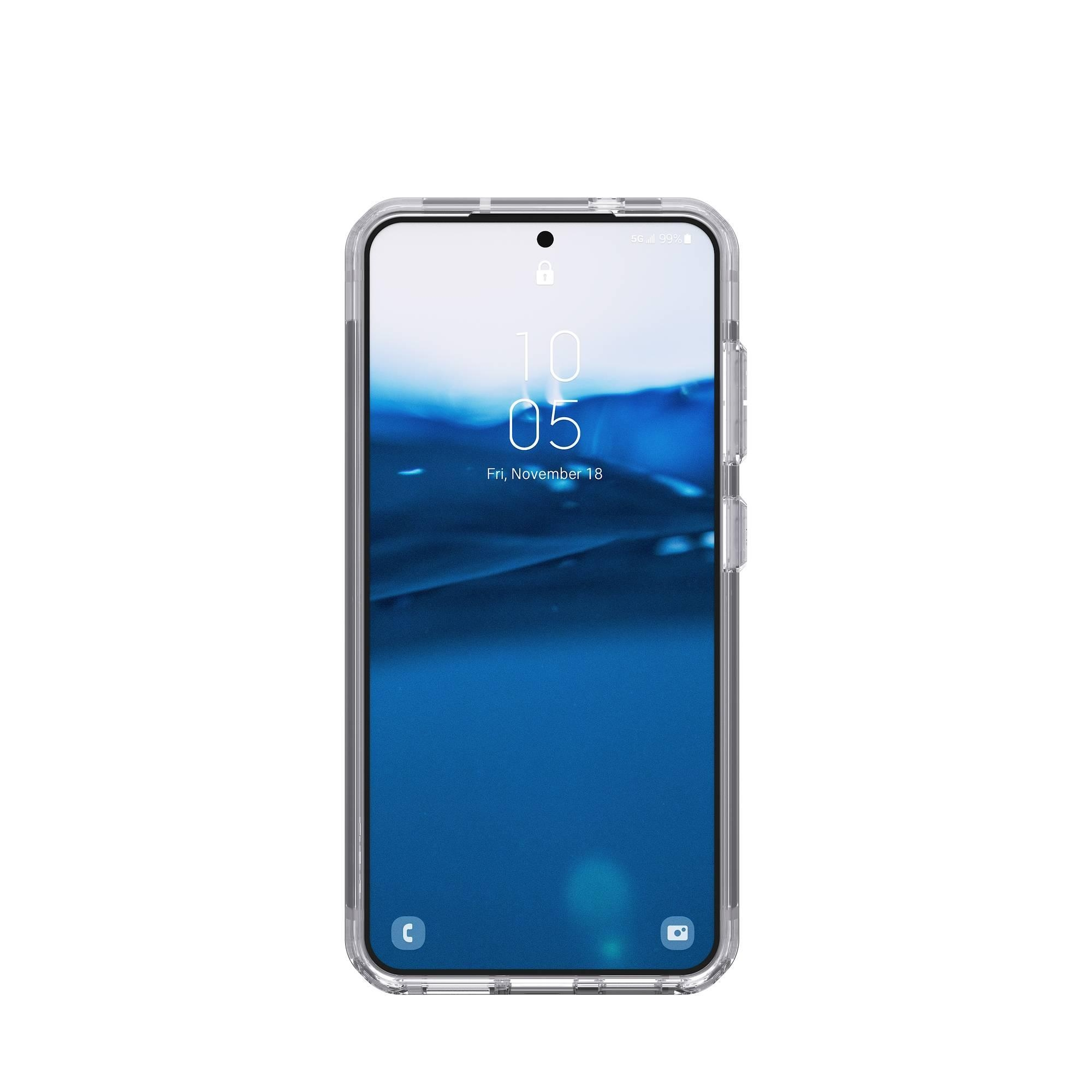 Transparente Handyhülle mit Telefon, das die Uhrzeit anzeigt. Weißer Hintergrund.