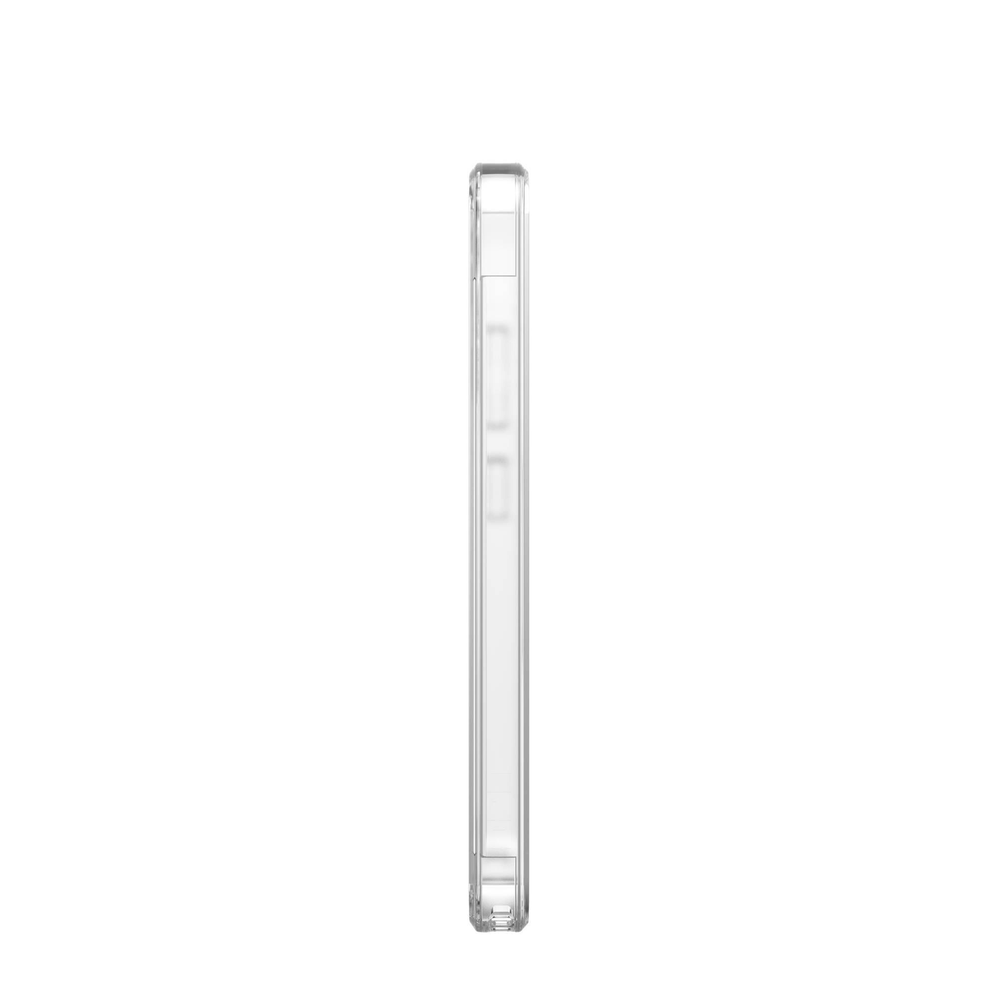 Eine klare, transparente Handyhülle, Seitenansicht, vor weißem Hintergrund.