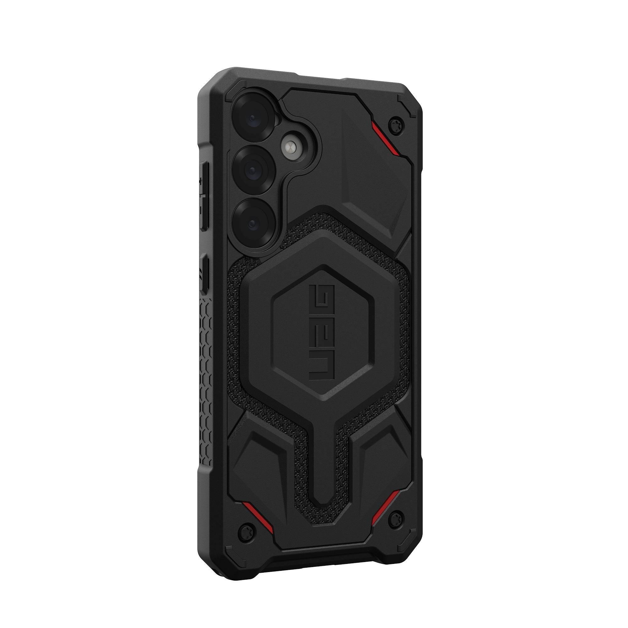 Custodia nera per telefono con un design strutturato. Ha un logo UAG e dettagli rossi.