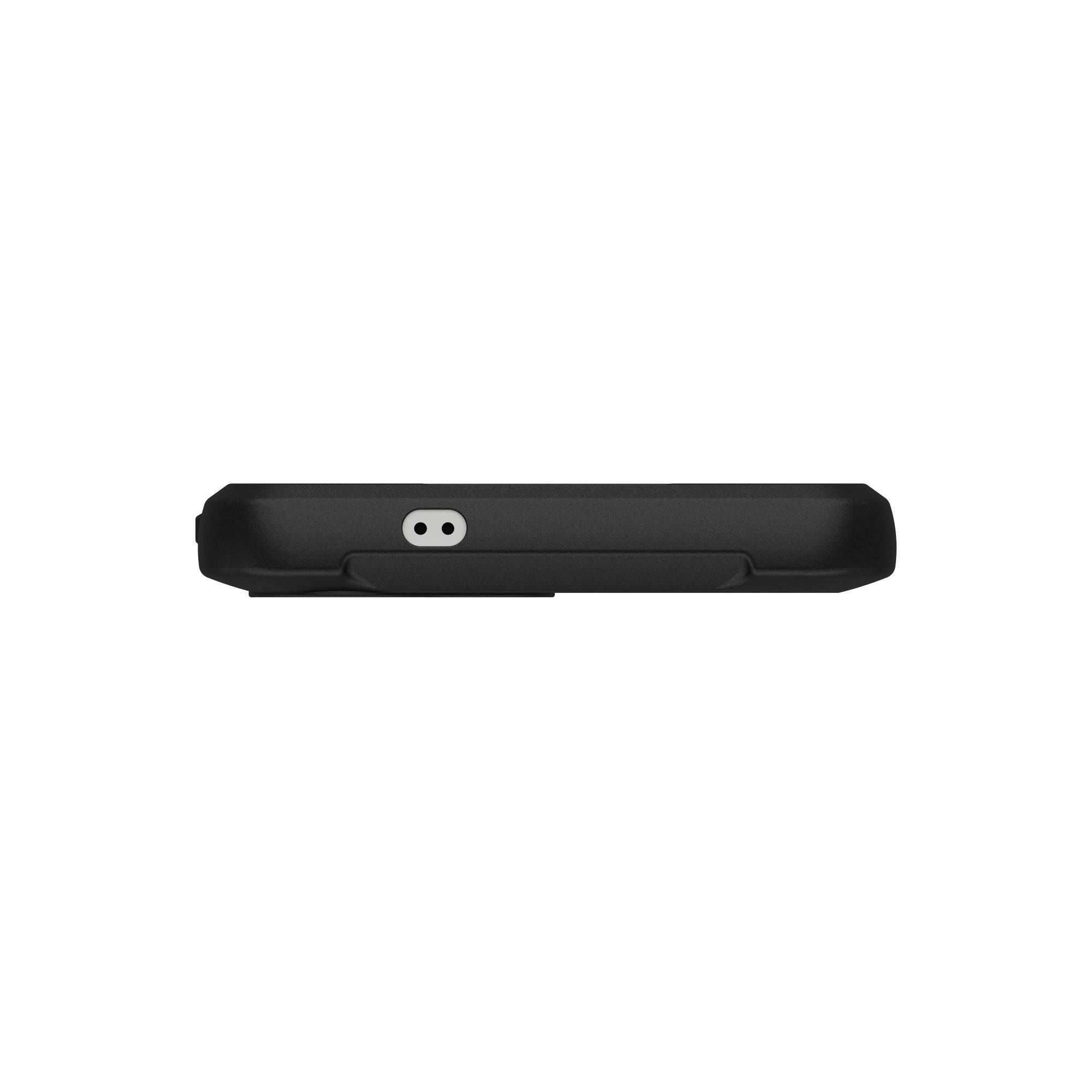 Custodia per telefono nera, vista laterale, con una porta e una piccola apertura.