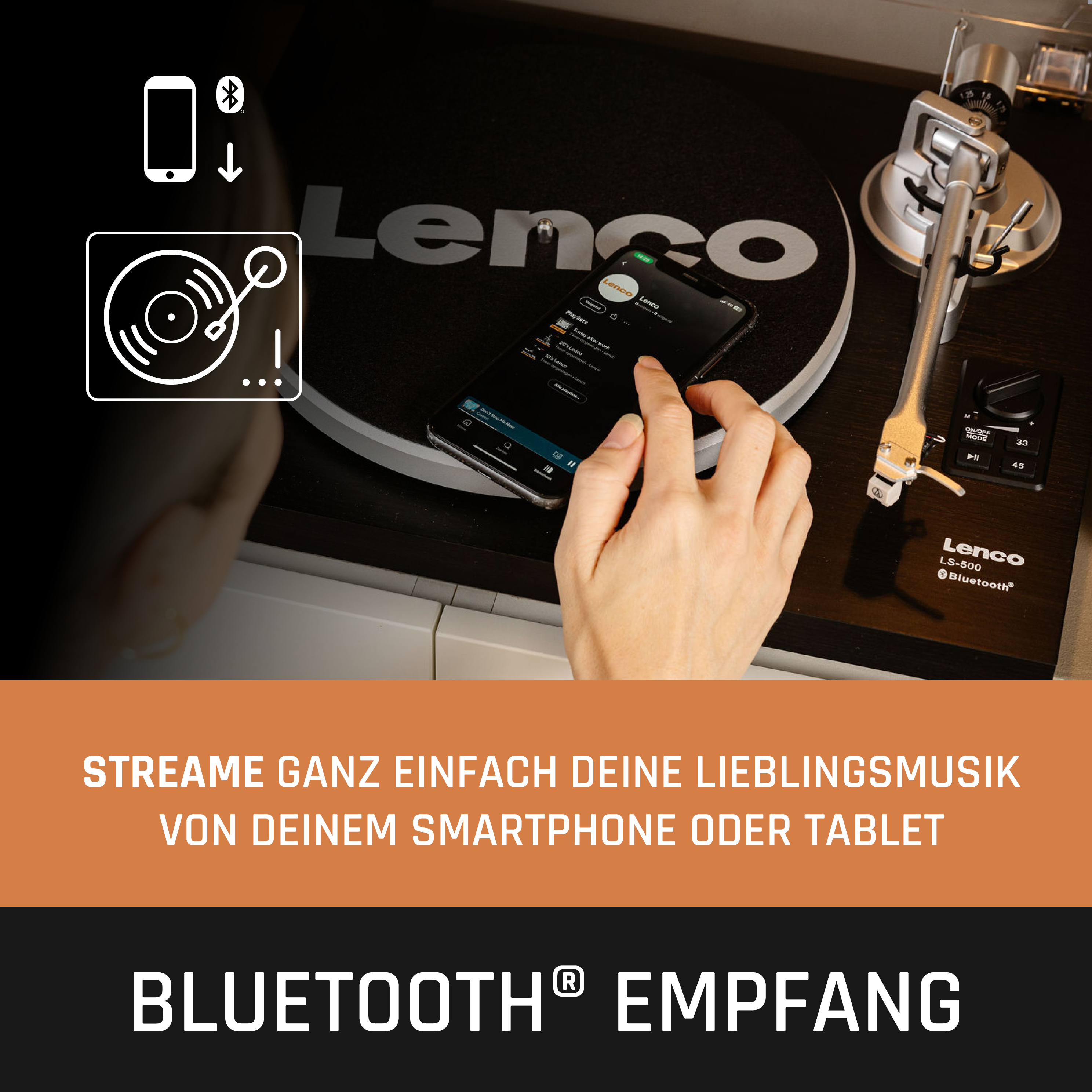 Plattenspieler mit Smartphone, zeigt Musik-App. 'Streamen Sie Ihre Musik von Ihrem Smartphone'.