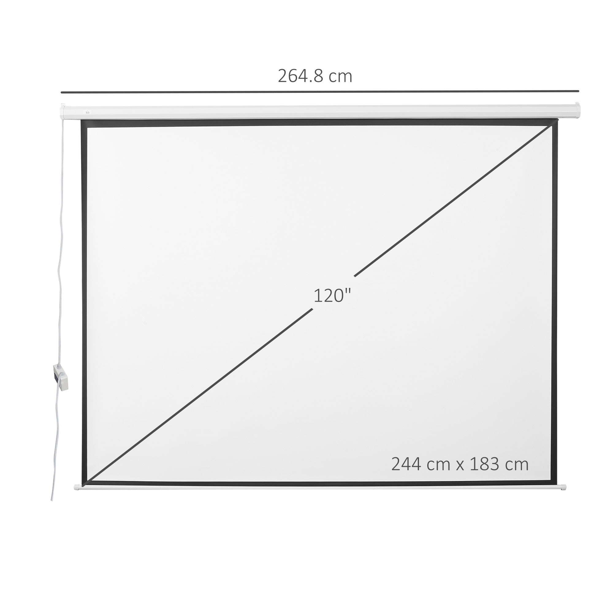 Schermo di proiezione bianco con dimensioni. Sfondo bianco. Cornice nera. Metro a nastro.