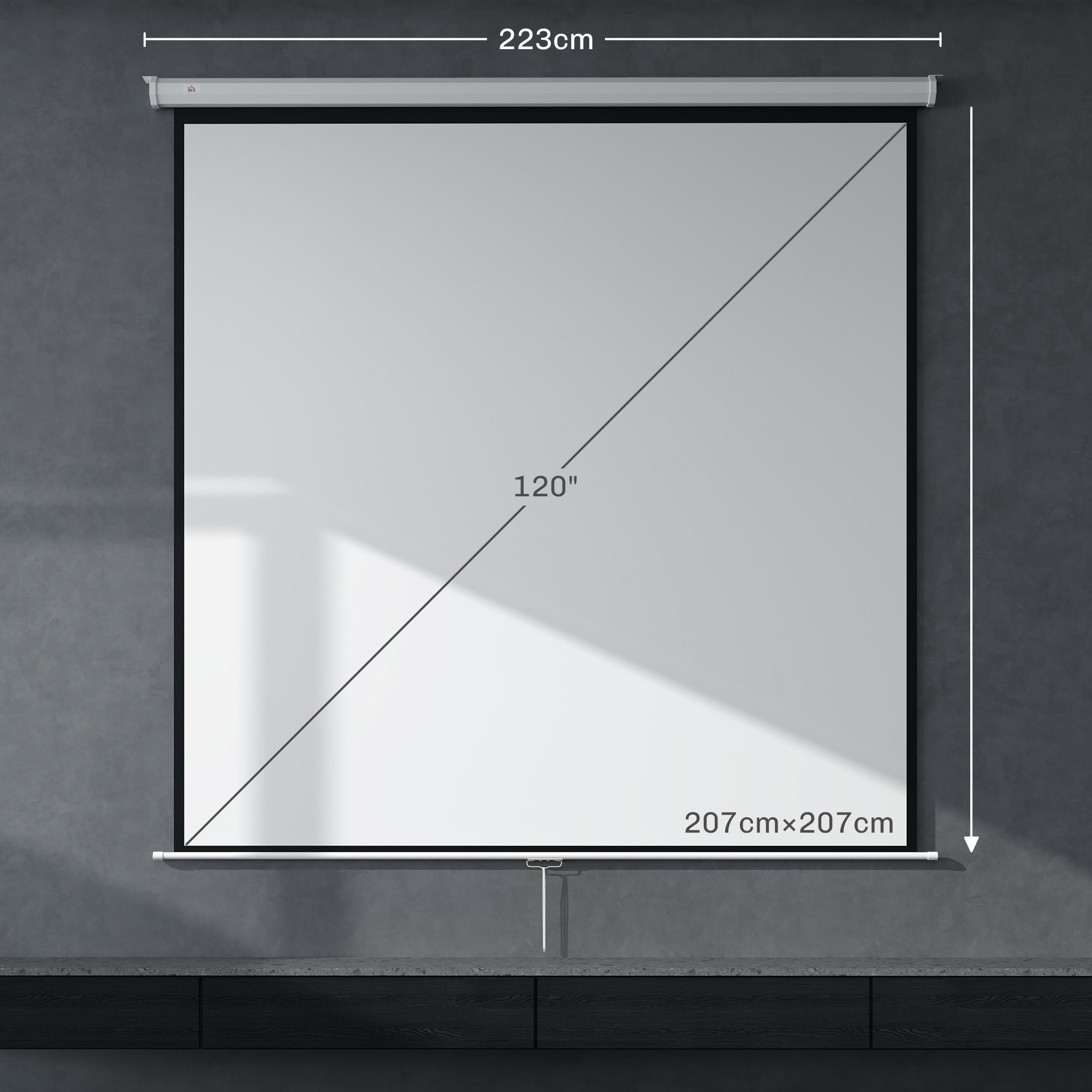 Schermo di proiezione bianco. Cornice nera, 120 pollici, dimensioni 207cm x 207cm. Parete grigia.