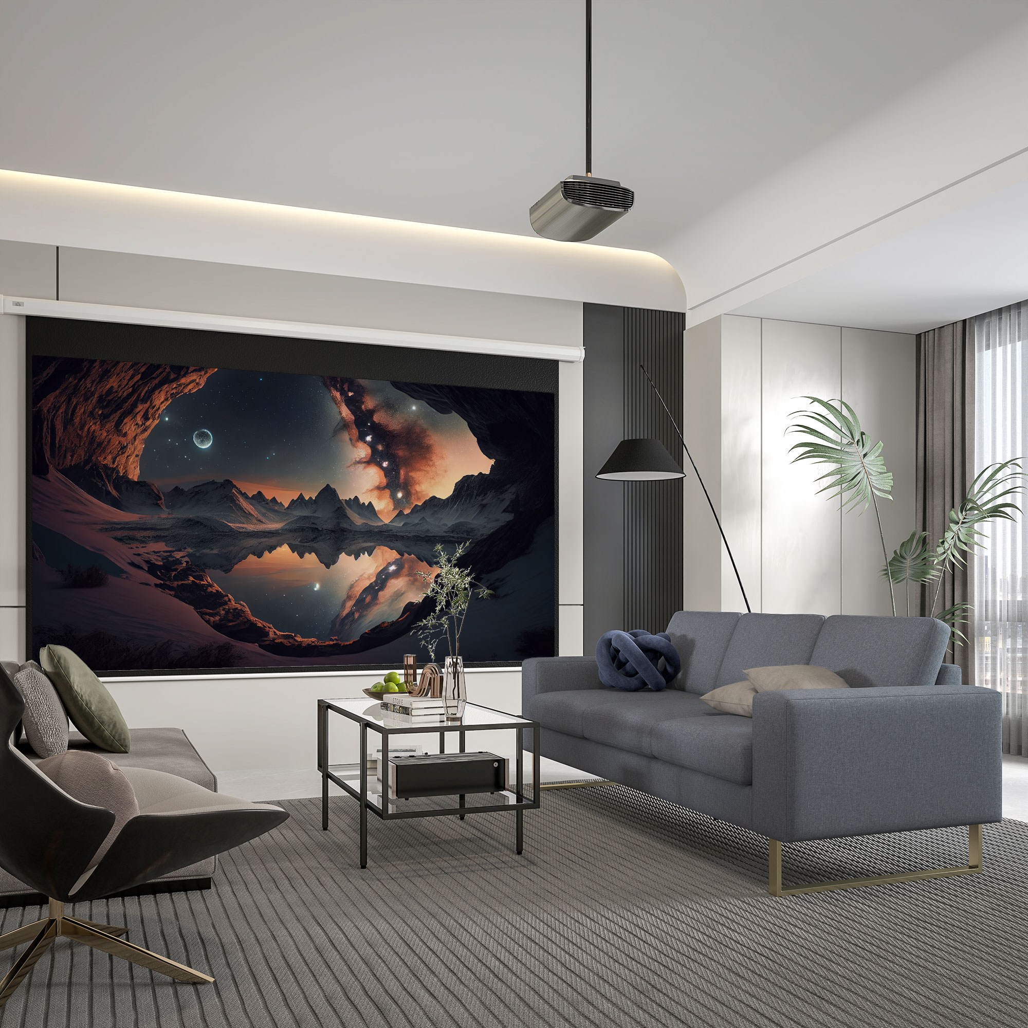 Un soggiorno con un grande schermo che mostra un paesaggio panoramico, un divano e mobili.