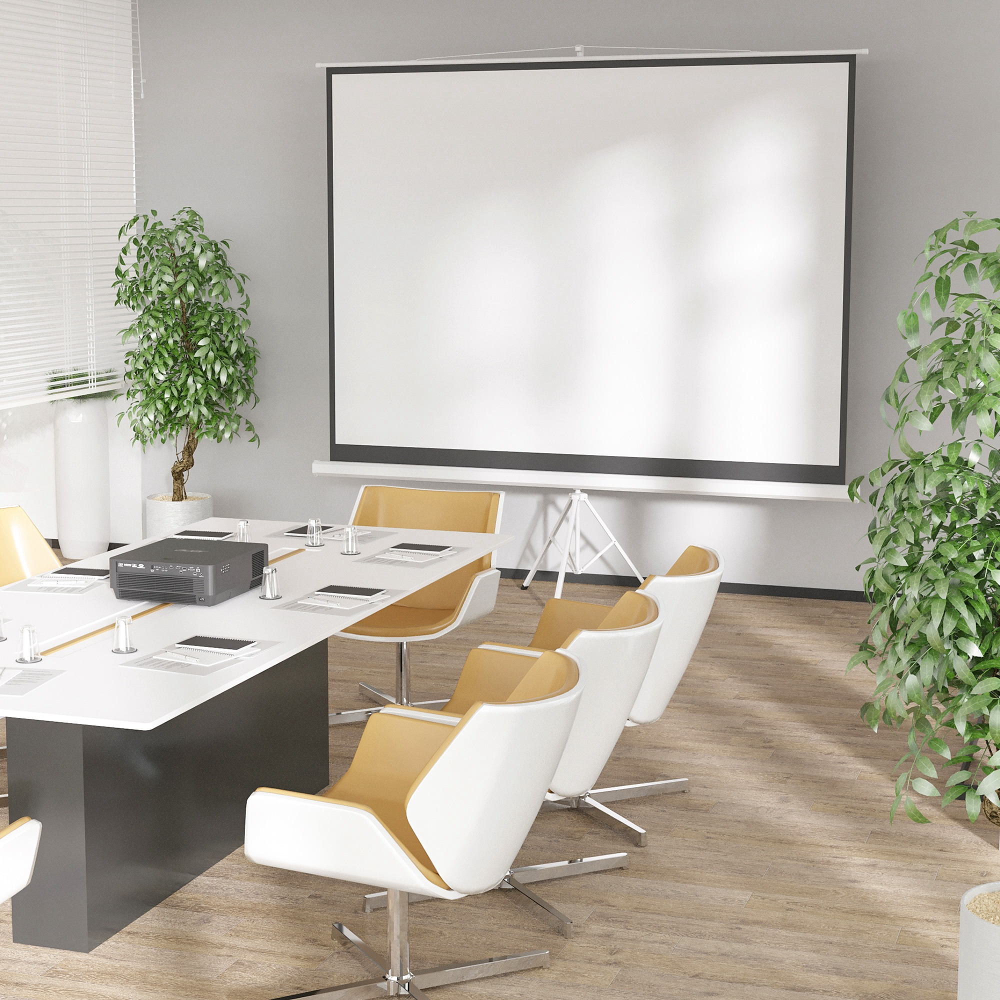 Una sala riunioni con uno schermo proiettore che mostra una scena naturale e piante.
