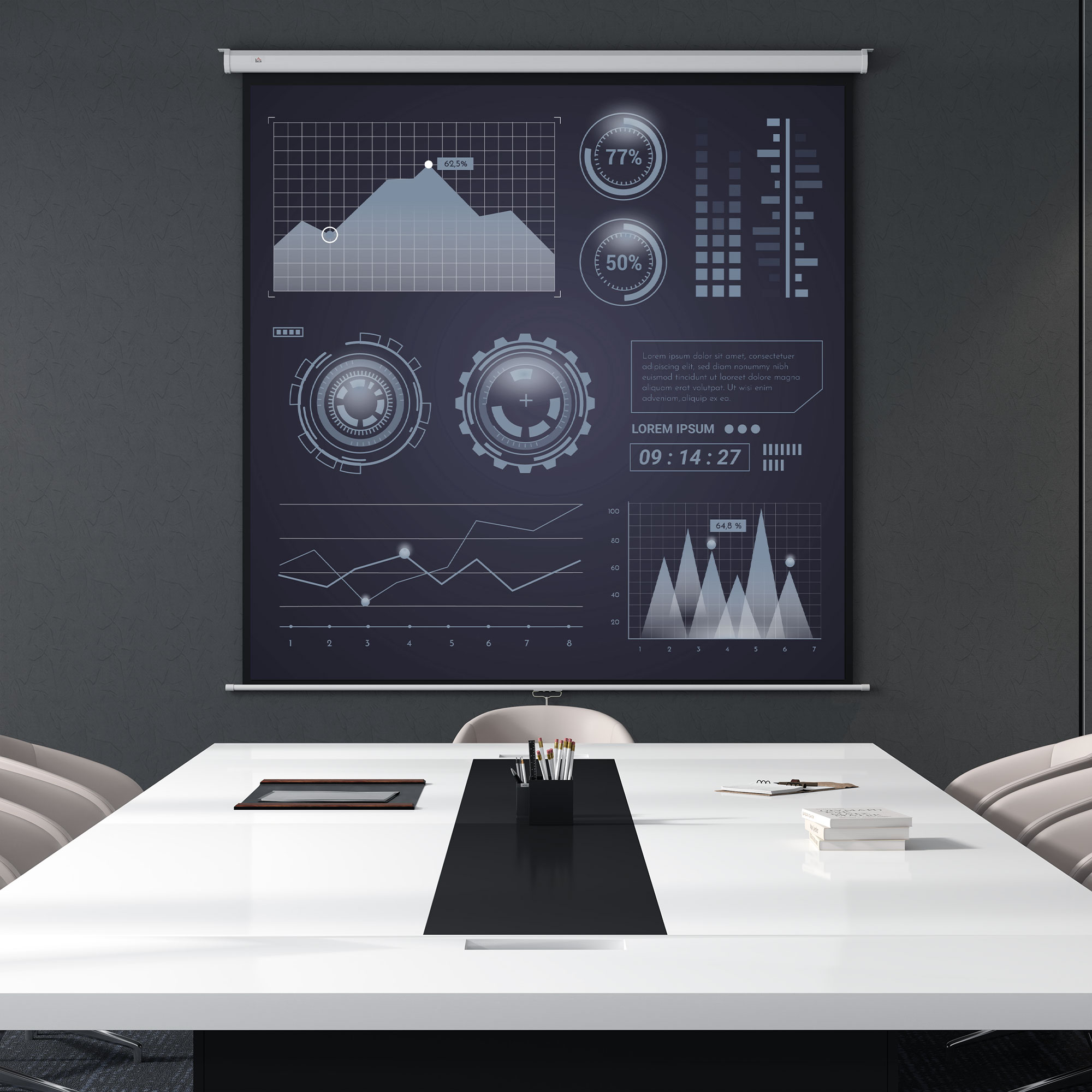 Una sala riunioni con un tavolo bianco, un grande schermo che mostra grafici e dati e sedie.
