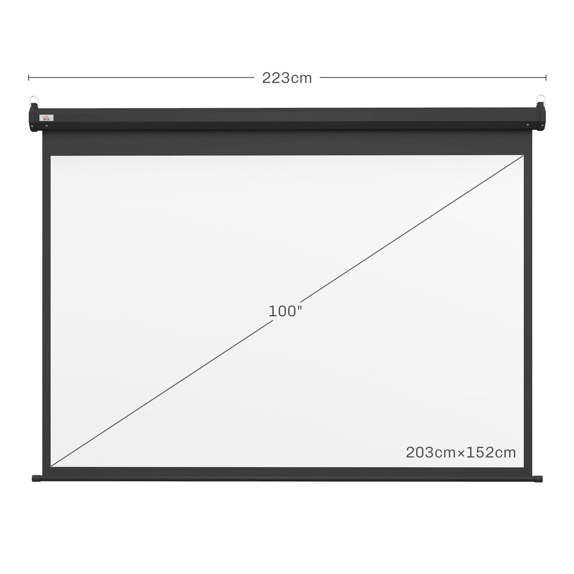 Uno schermo di proiezione bianco, con dimensioni di 223 cm di larghezza e 203 cm x 152 cm di dimensioni dello schermo.