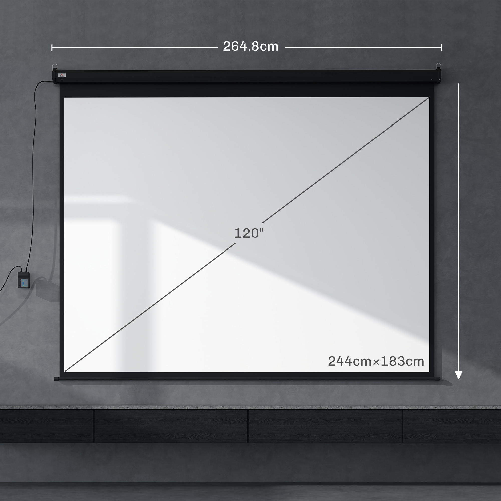 Schermo di proiezione bianco su parete grigia. Cornice nera. Dimensioni e misure mostrate.