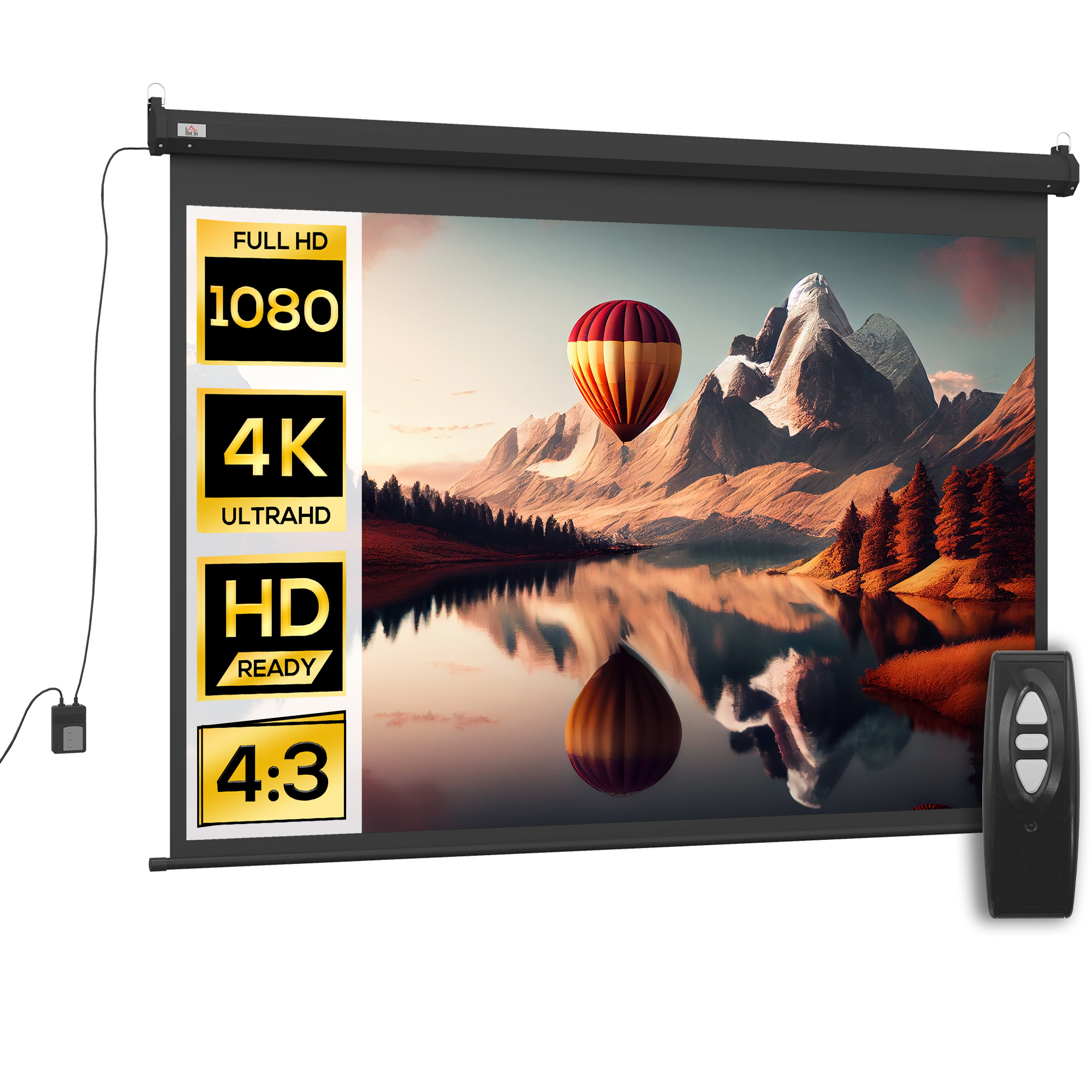 Uno schermo per proiettore con etichette Full HD, 4K e HD ready, con telecomando.