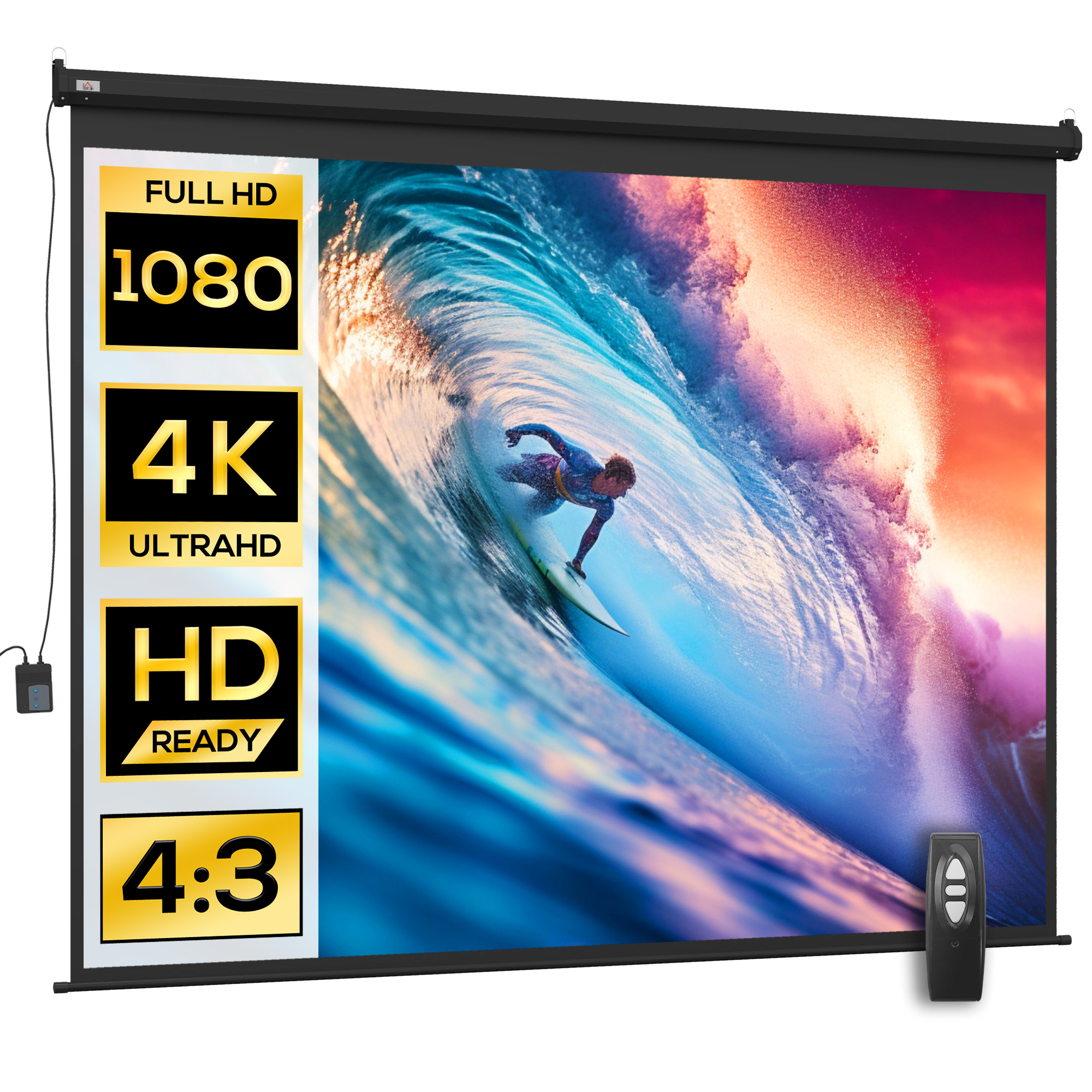 Schermo proiezione con surfista sull'onda. Testi: 1080, 4K, HD e rapporto 4:3. Telecomando.