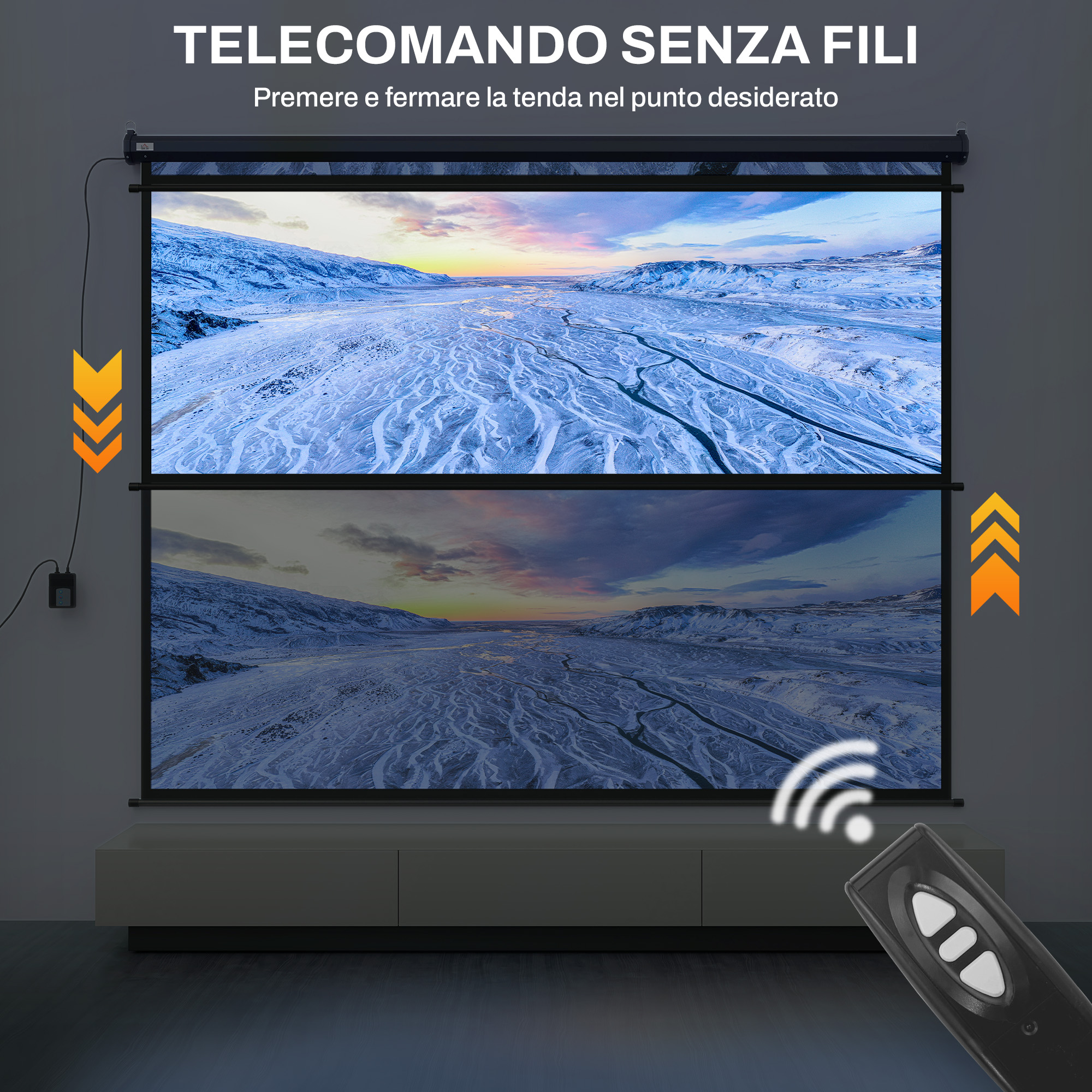 Schermo del proiettore che mostra due immagini. Un telecomando è in primo piano.