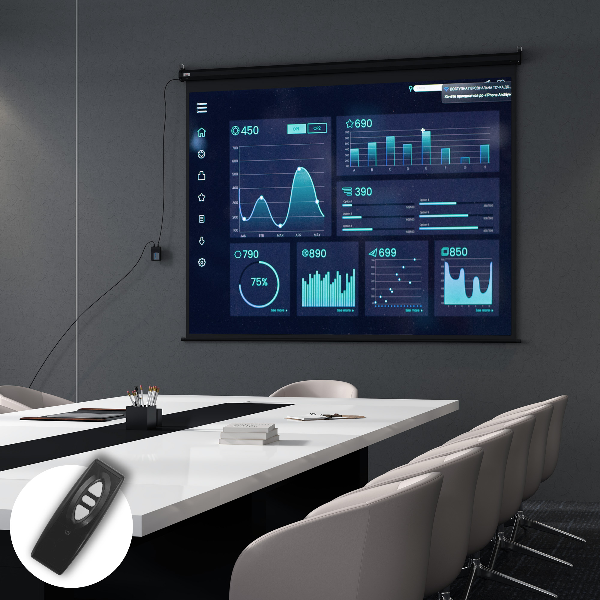 Una sala riunioni con uno schermo che mostra grafici, un telecomando è a sinistra.