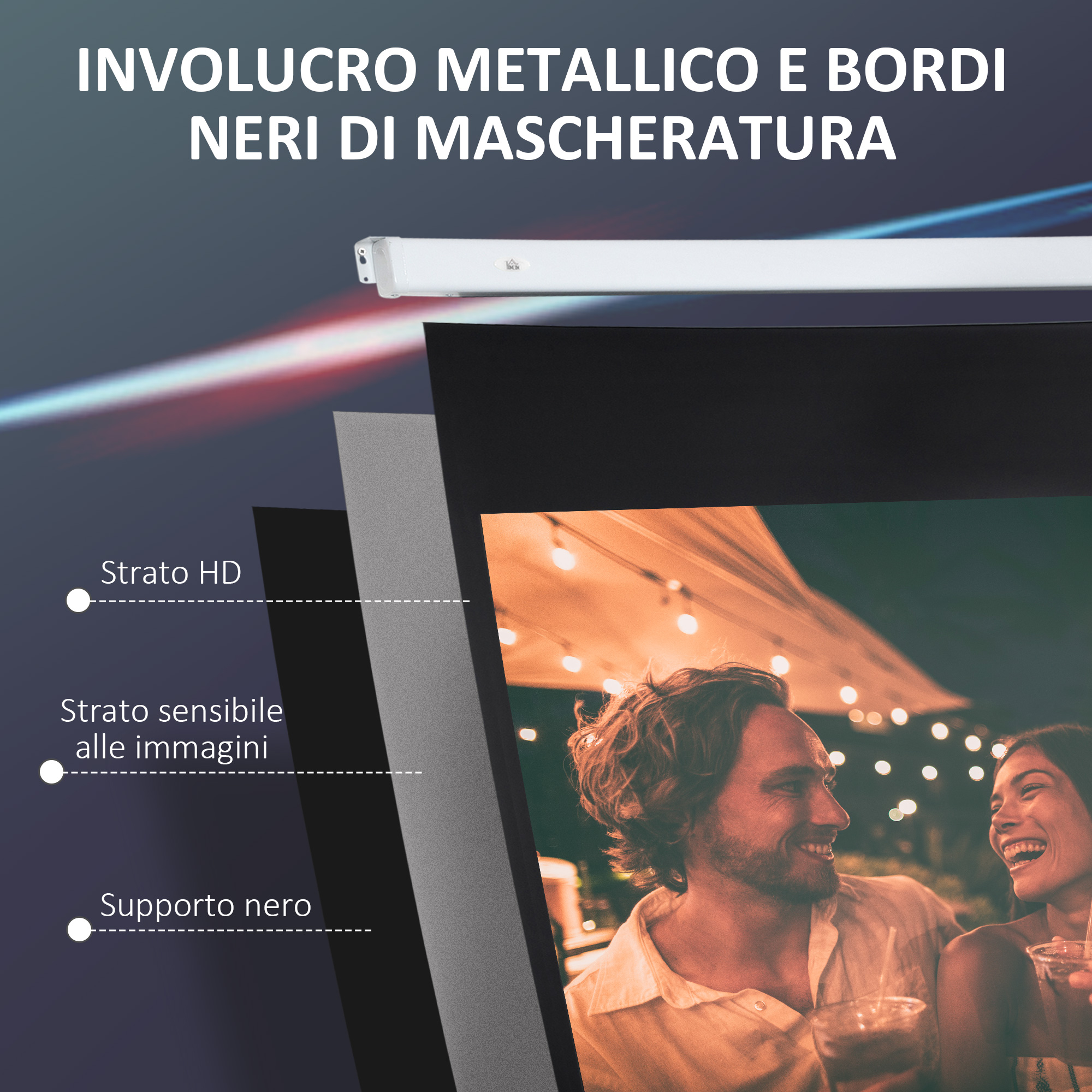 Diagramma strati schermo proiezione. Testi in italiano. Persone con bevande in vista.