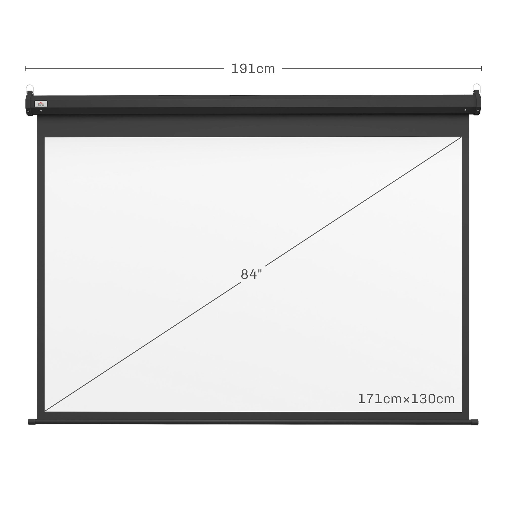 Uno schermo del proiettore che mostra le dimensioni, con una cornice nera su sfondo bianco.