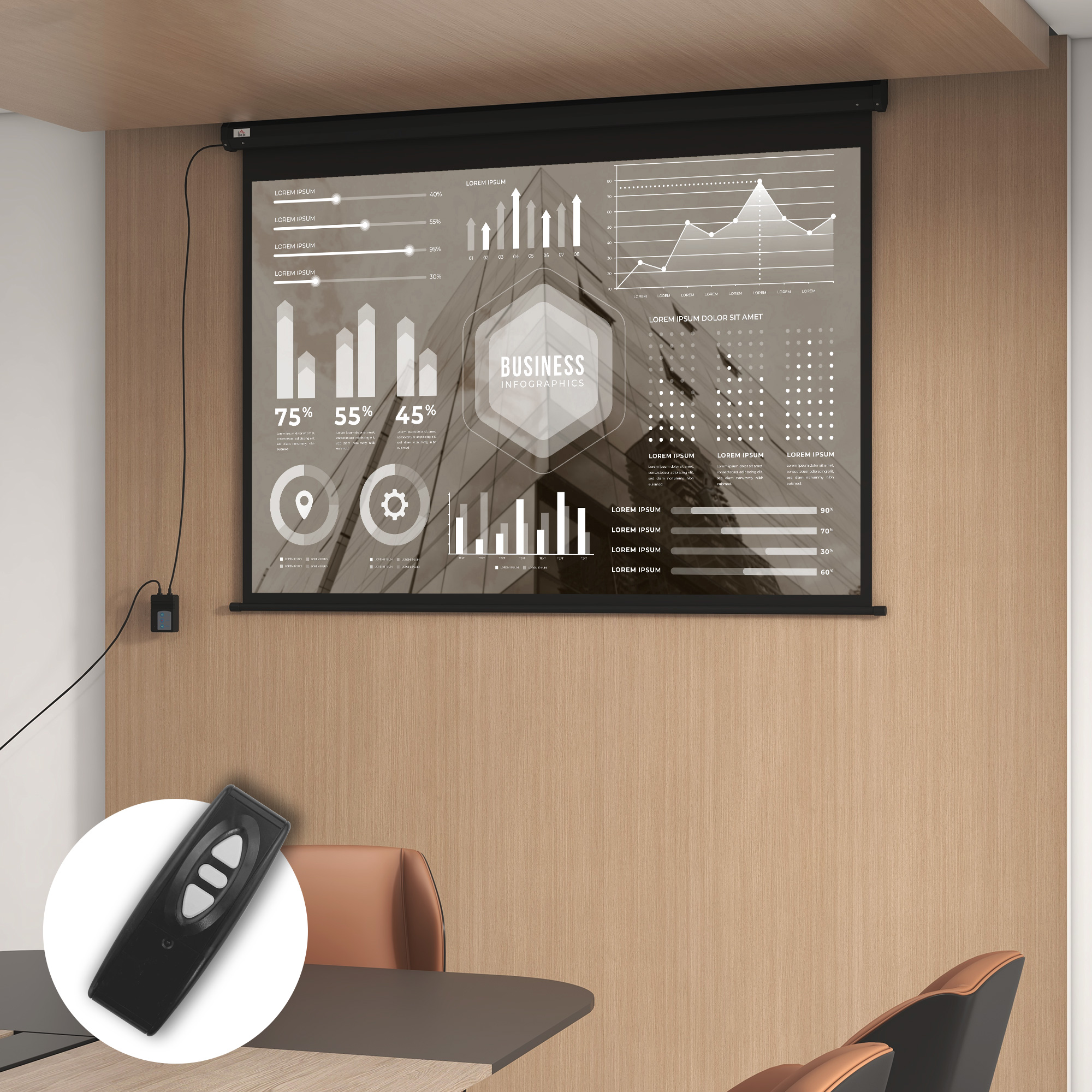 Schermo di proiezione con grafici e dati. Telecomando sotto. Sala conferenze.