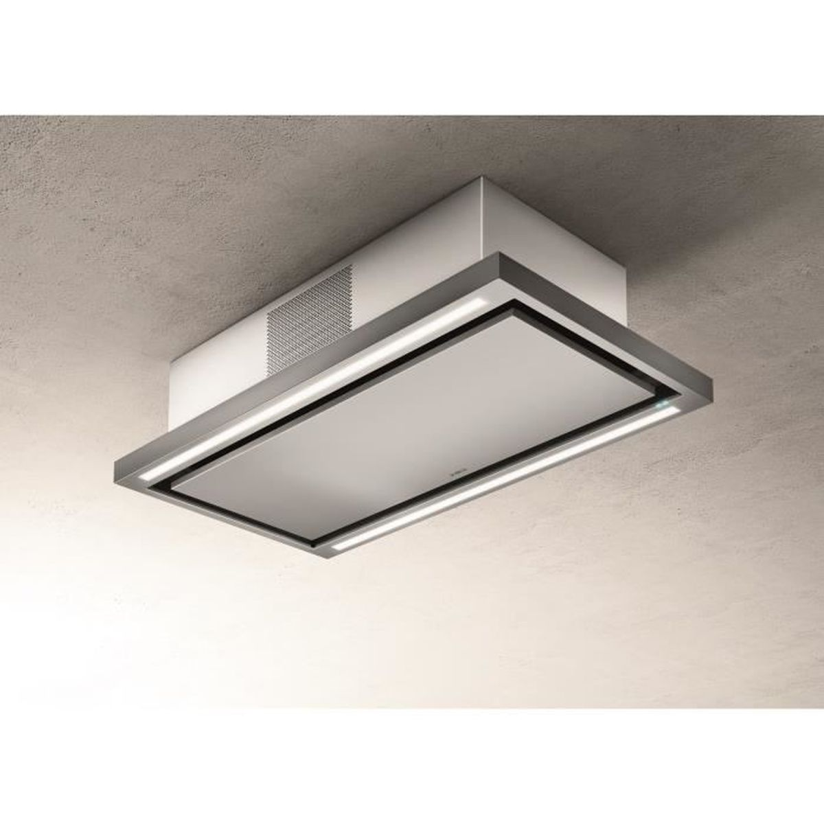 Cappa da cucina moderna, grigio metallizzato, con luci integrate.