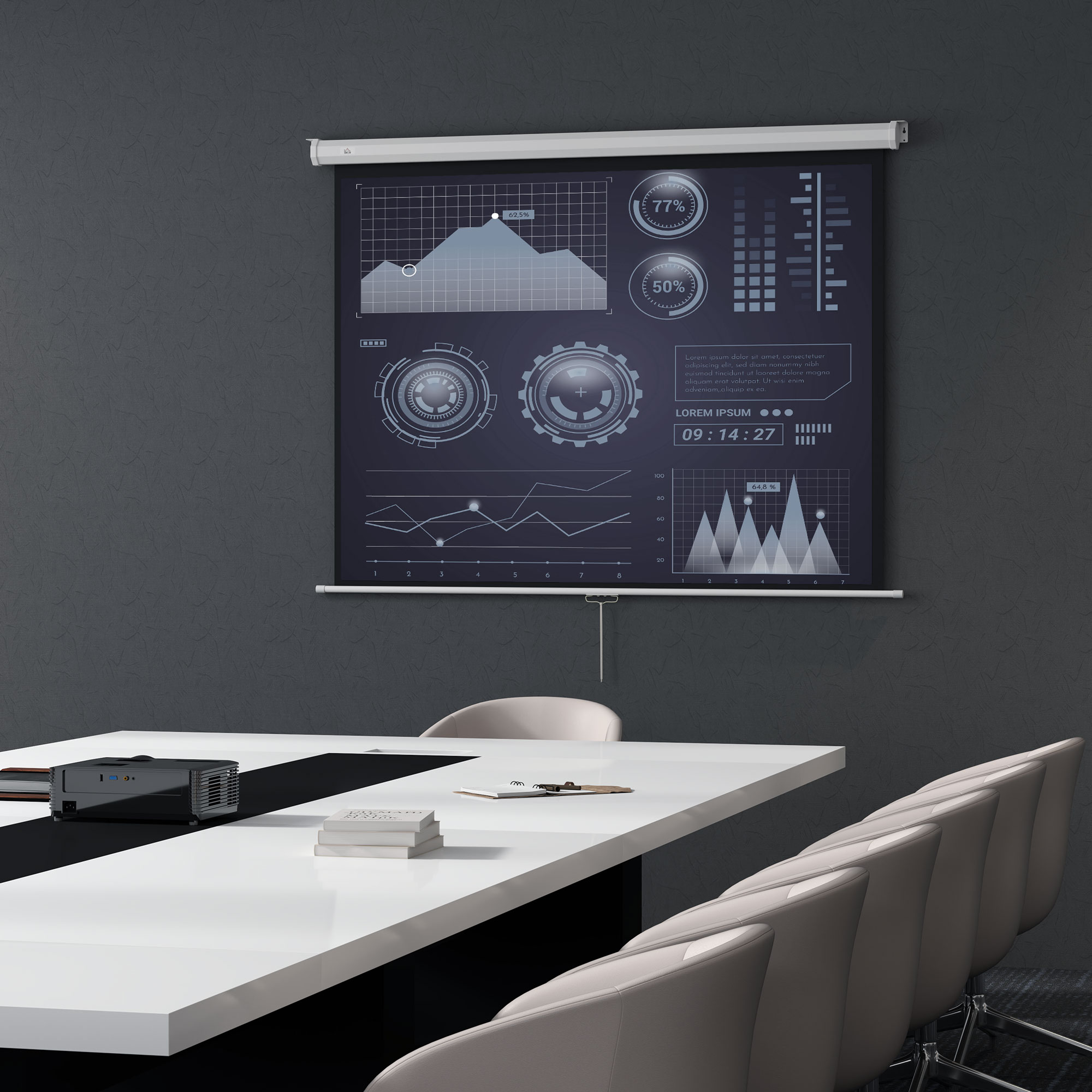 Schermo di proiezione con grafici e dati. In una sala riunioni. Tavolo bianco, parete grigia.