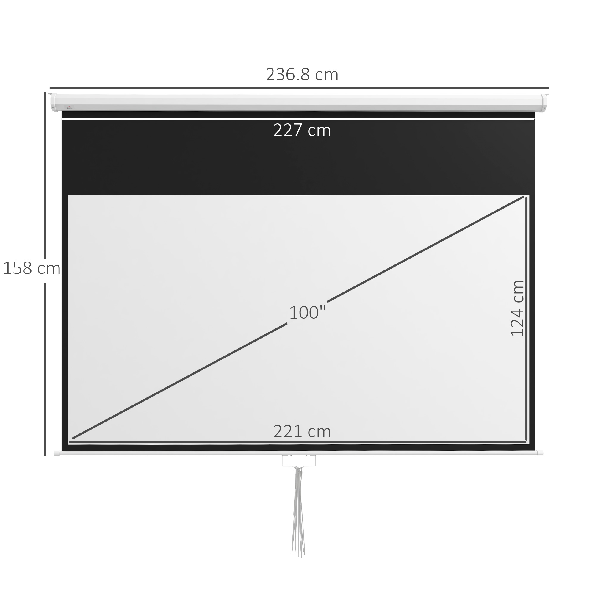 Schermo di proiezione bianco. Cornice nera. 100 pollici, dimensioni 124cm x 221cm. Sfondo bianco.
