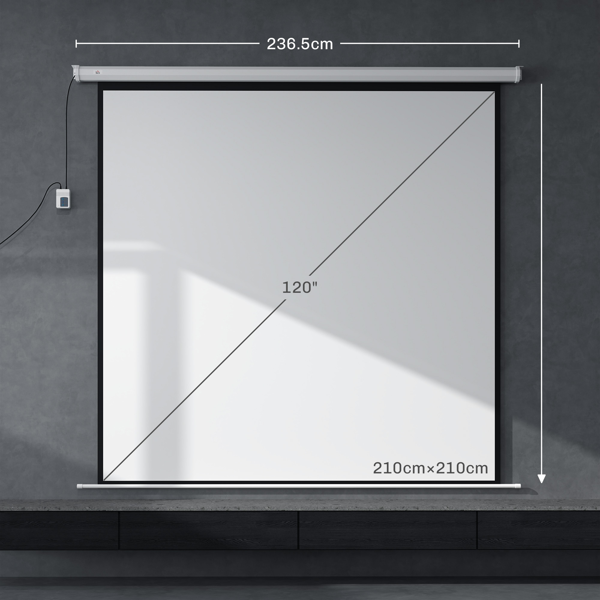 Uno schermo bianco, le dimensioni sono indicate. 120 pollici sono segnati in diagonale. 210x210 cm sono mostrati.