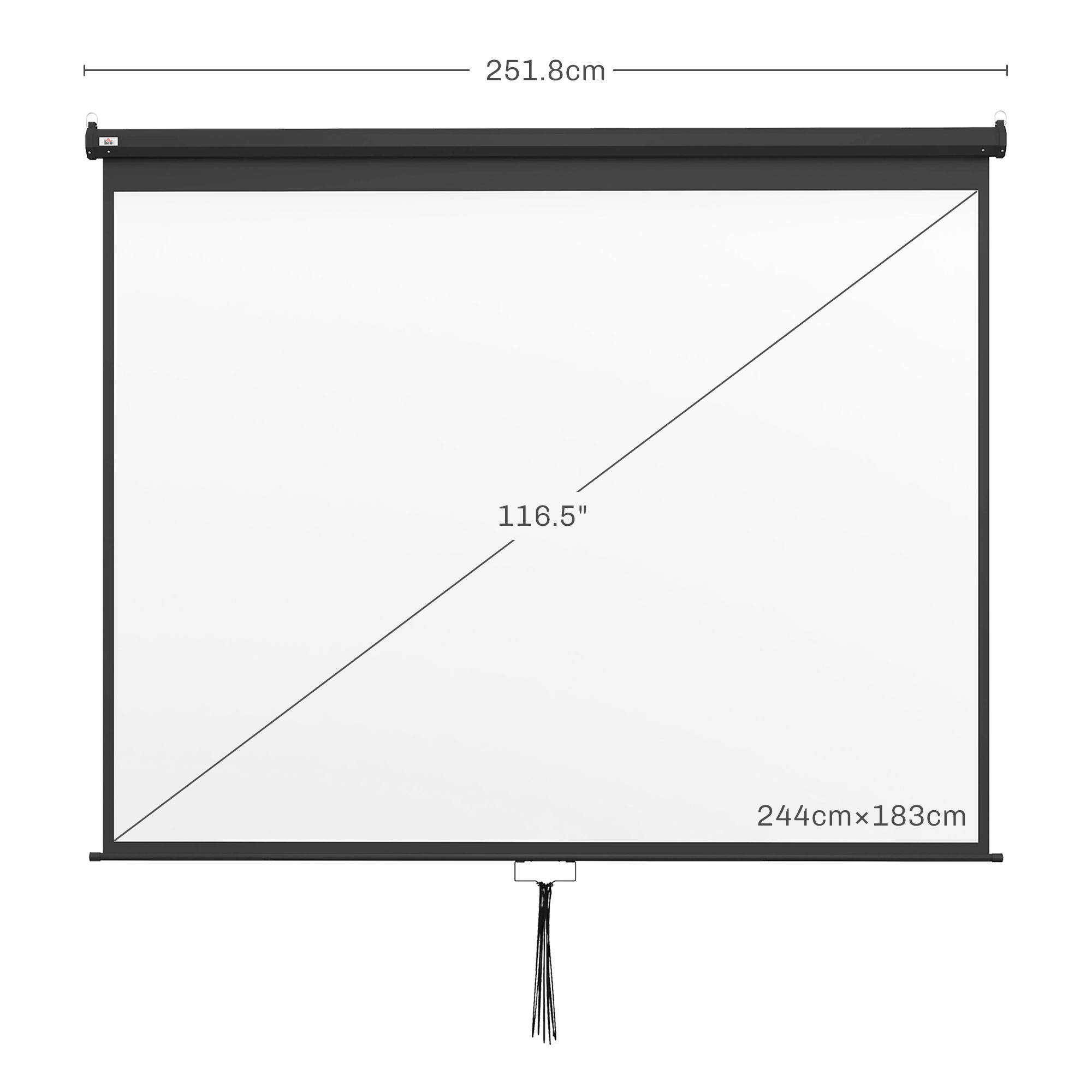Uno schermo di proiezione bianco. Dimensioni 244cm x 183cm, con diagonale di 116,5 pollici. Cornice e alloggiamento neri.