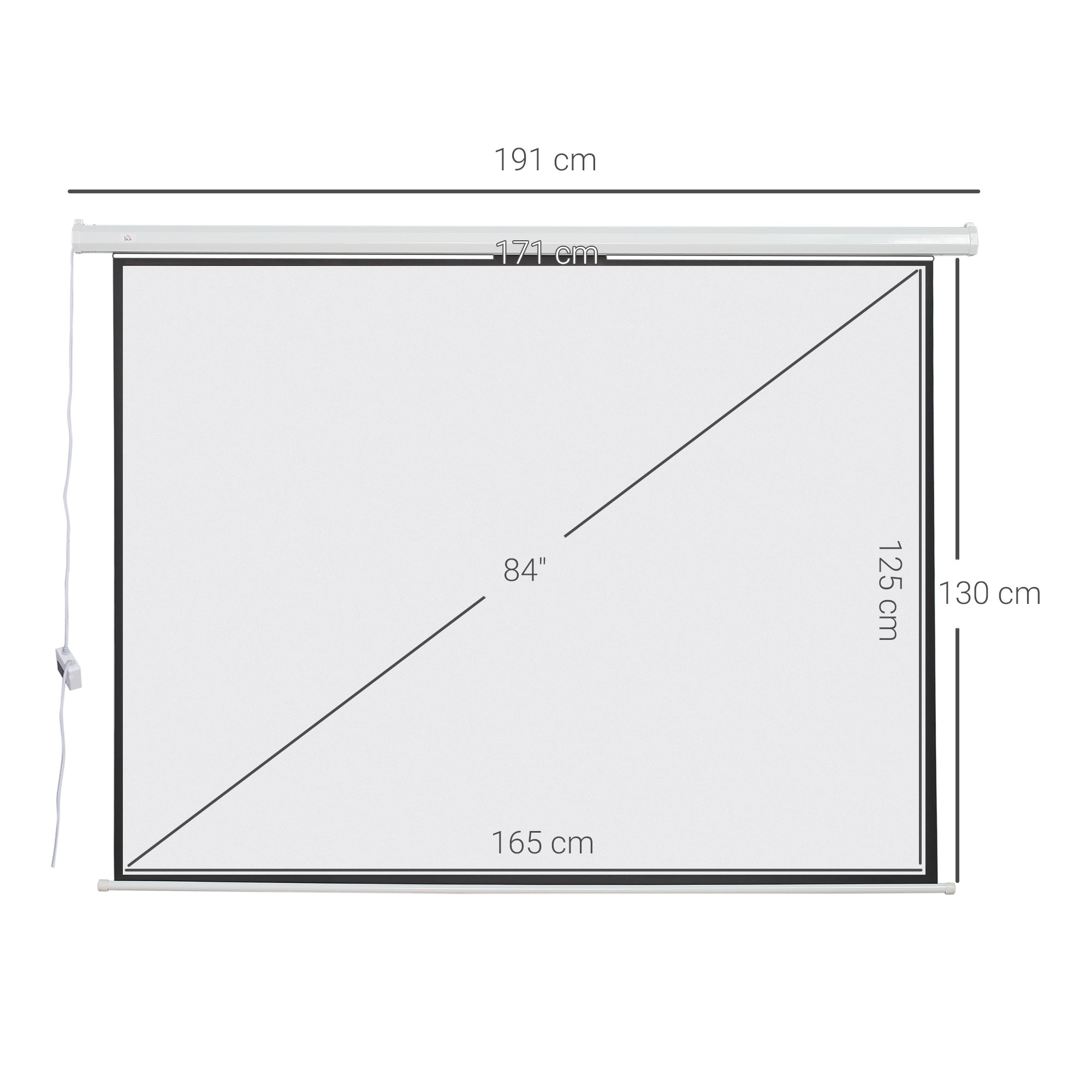 Schermo del proiettore con misure: 191 cm di larghezza, 125 cm di altezza, 84 pollici diagonale.
