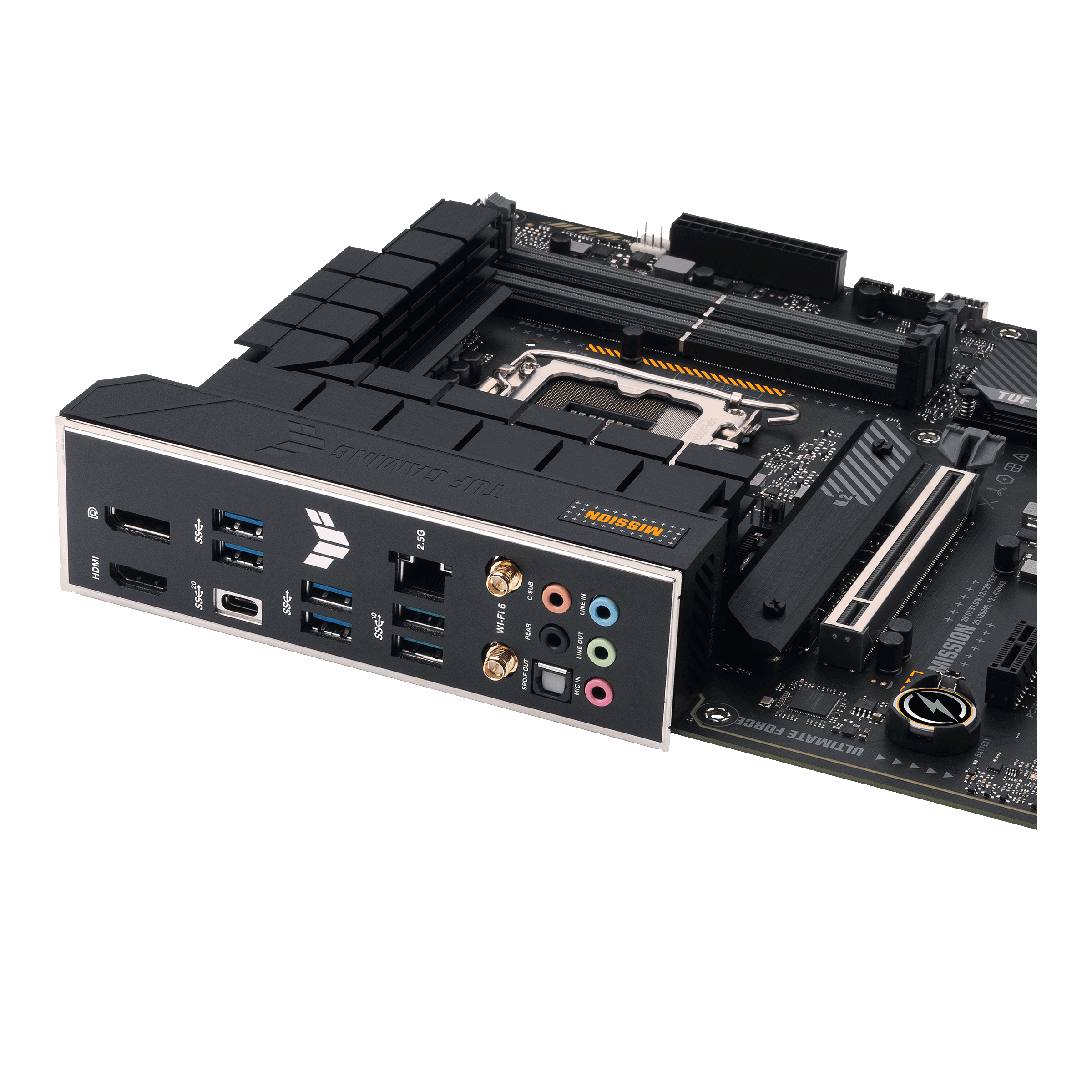 Scheda madre del computer con porte e connettori multipli, sfondo nero.