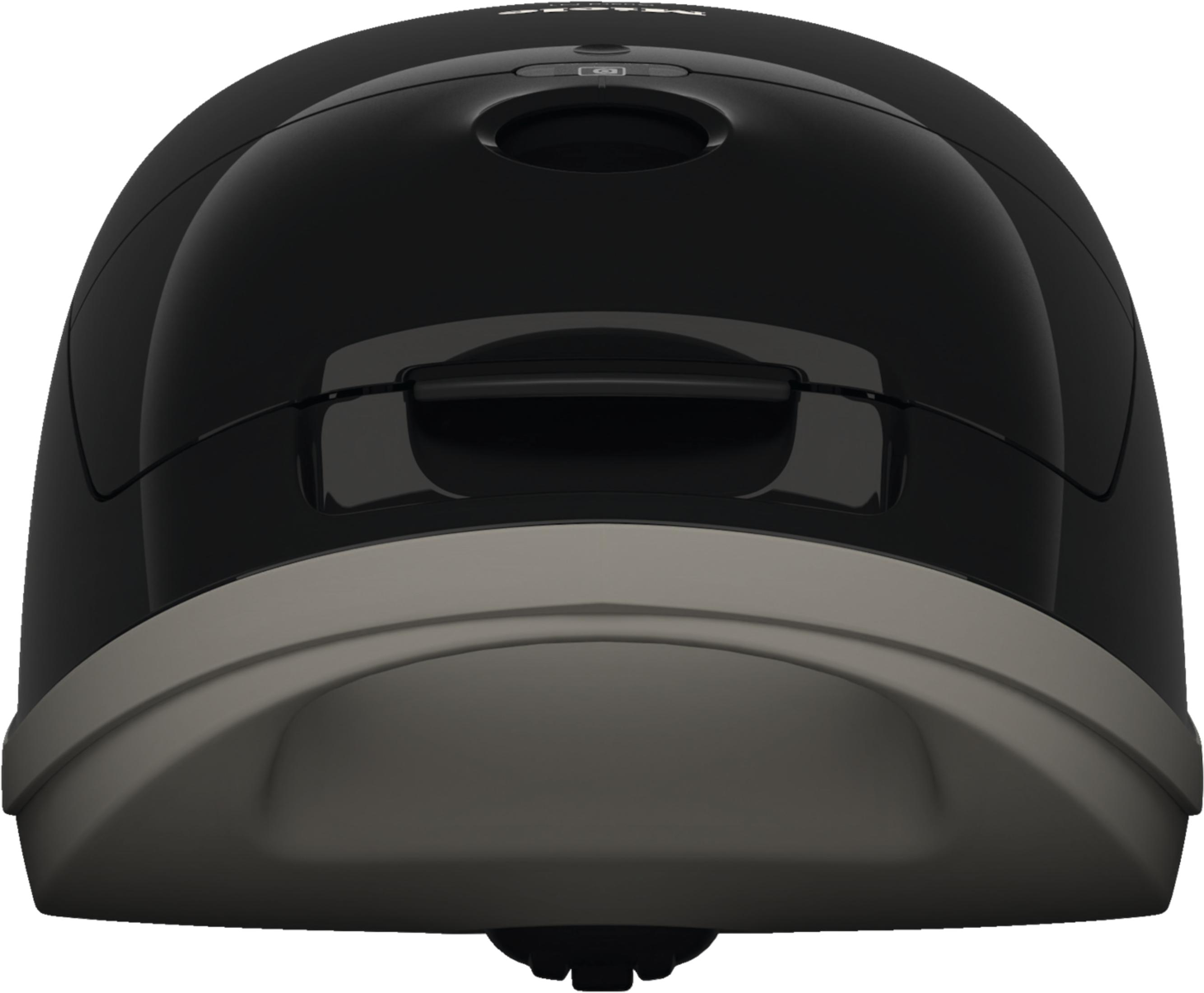 Aspirateur robot noir, vue de dessus, avec une poignée et un bord gris.