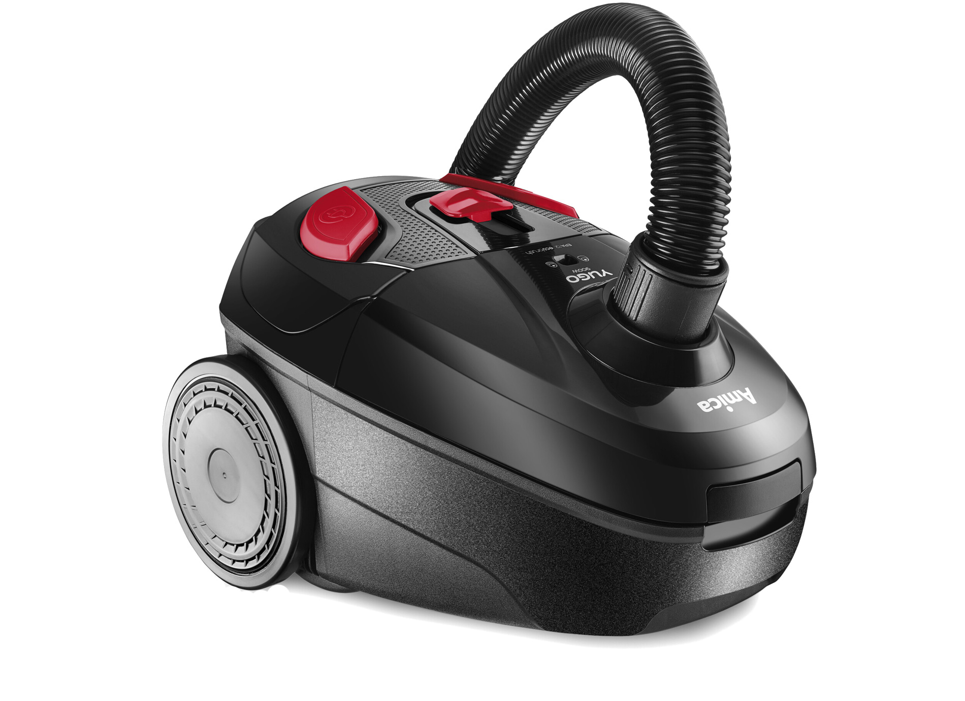 Czarny odkurzacz na białym tle. Czerwone przyciski i czarny wąż. Widoczne logo "Amica".