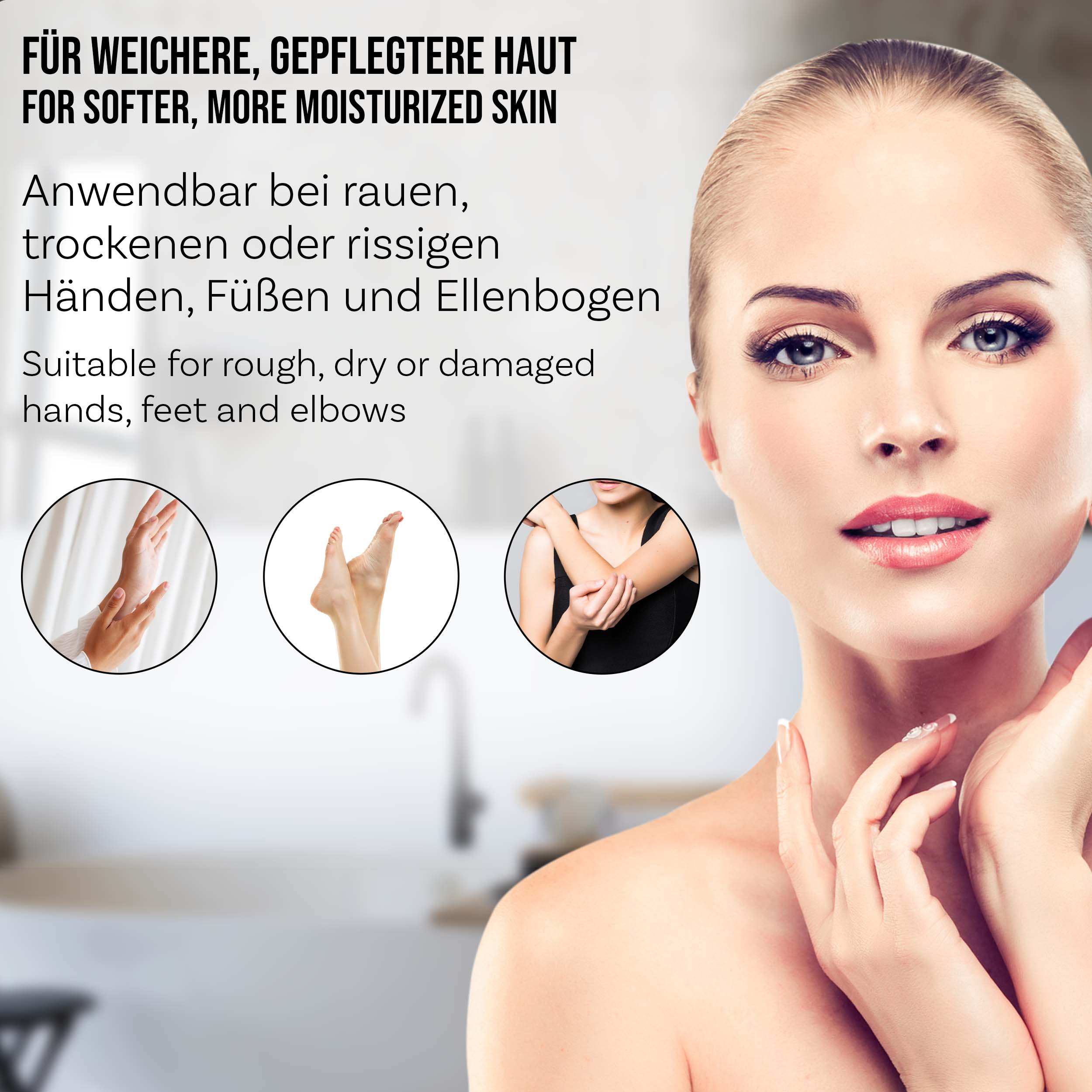 Frau mit weicher Haut, Text über Befeuchtung rauer, trockener oder geschädigter Haut.